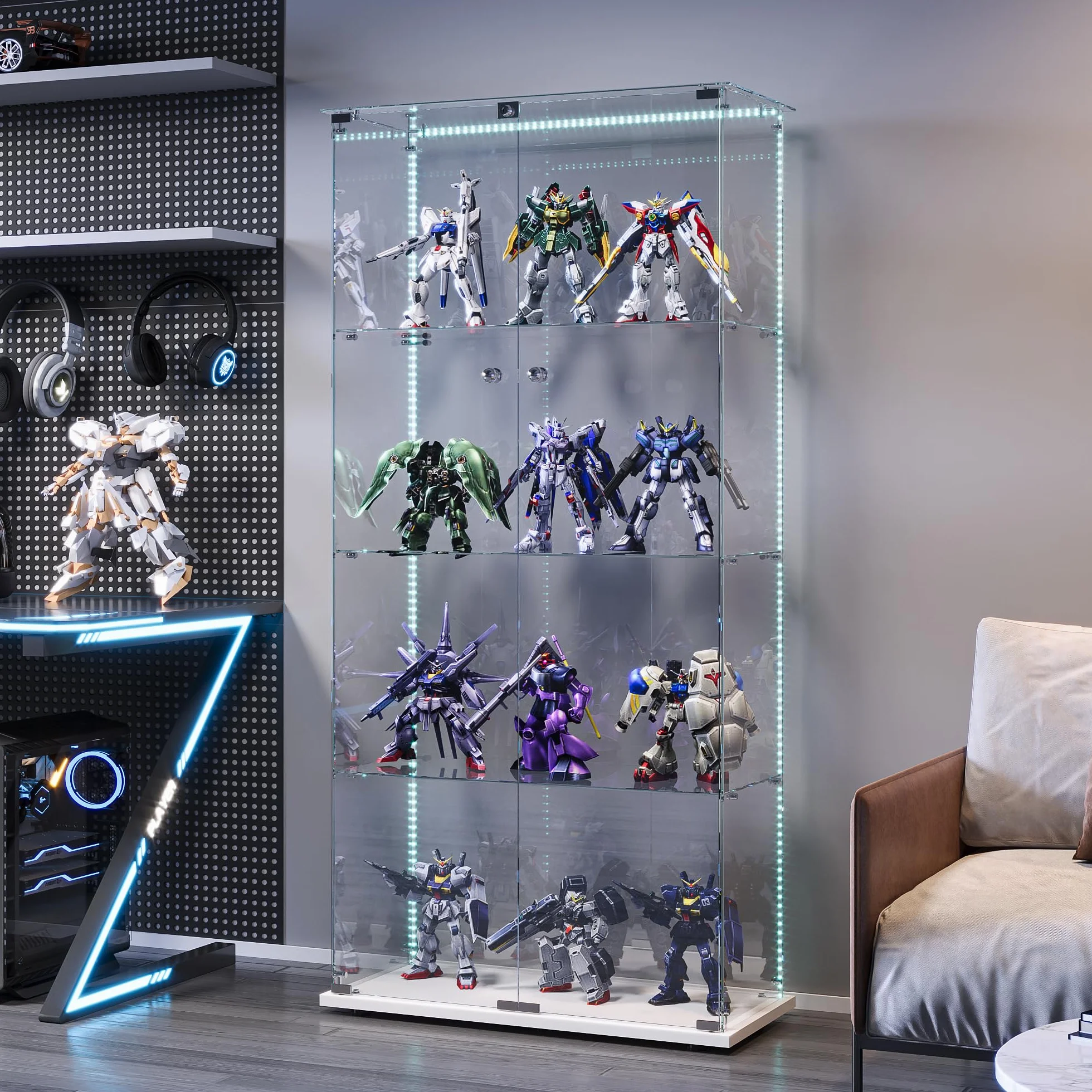 Vitrine en Verre à 2 Portes avec LED, Armoire de Présentation Moderne avec Serrure, Étagères de Rangement, Meuble Vitrine pour Salon, Chambre ou Bureau (Blanc L, 4 étages)