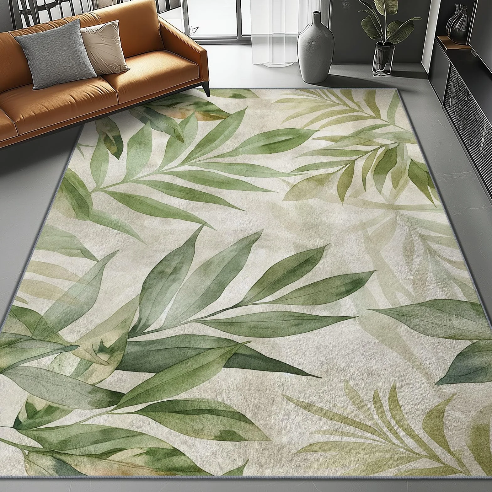 Tapis Lavable en Machine Motif Feuilles Tropicales À L'Aquarelle 120 x 180 cm Vert Clair pour Salon Chambre