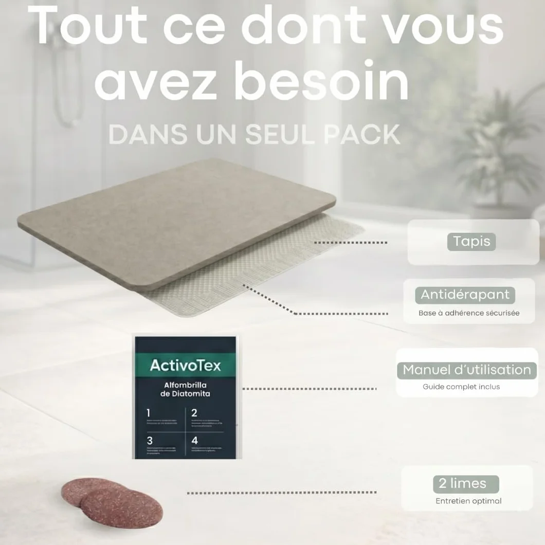 Tapis de Douche en Diatomite Séchage Rapide Ultra Absorbant Antidérapant Pierre Naturelle Beige