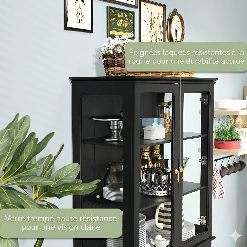 HOLTICO Armoire de Cuisine indépendante avec Porte en Verre, Armoire de Cuisine en Verre vitrines Armoire Haute avec Porte en Verre et étagères réglables pour Cuisine, 40P x 76L x 183H cm,Noir