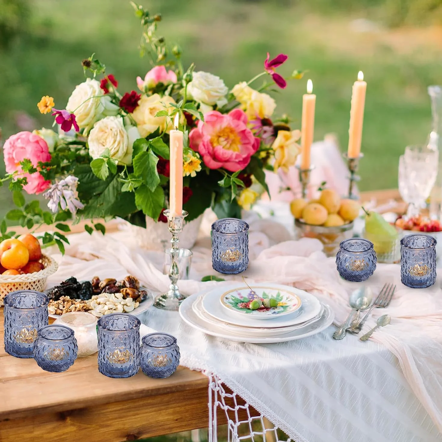Lot de 12 bougeoirs en verre assortis pour fête prénuptiale, centre de table de mariage, décoration d'intérieur (12, bleu)
