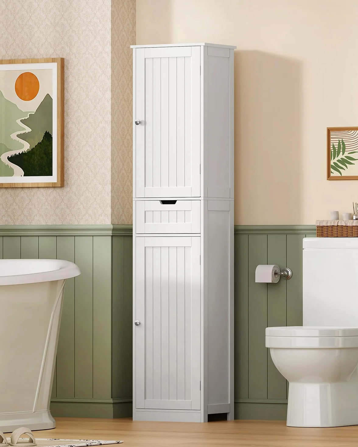 TEENFON Meuble de Salle de Bain avec Portes, Armoire de Rangement Colonne avec Étagères Réglables et Tiroirs, Blanc (40x30x170cm)