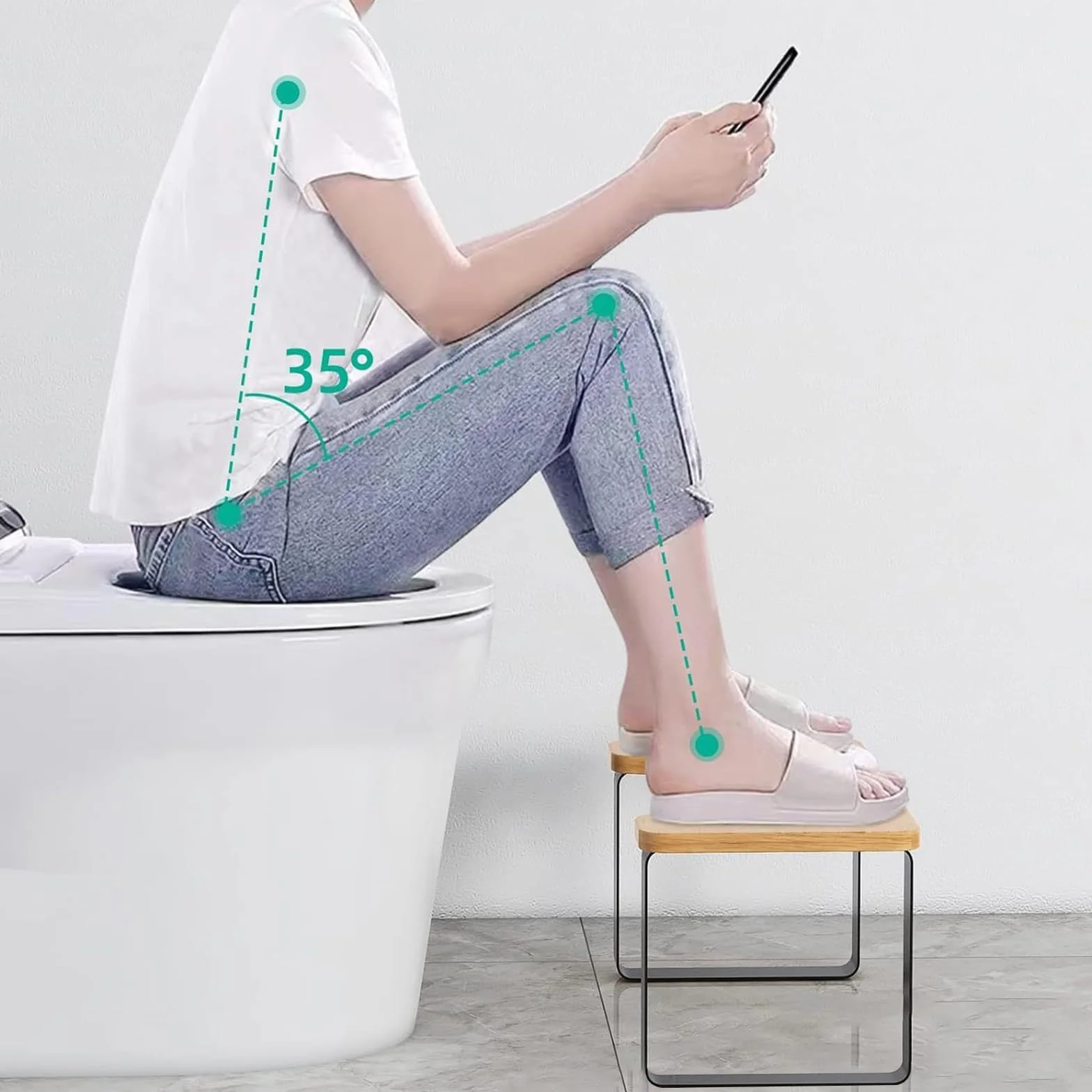 Tabouret de toilette, pour adulte, en métal et bois, noir mat, pour développer une position assise correcte et confortable