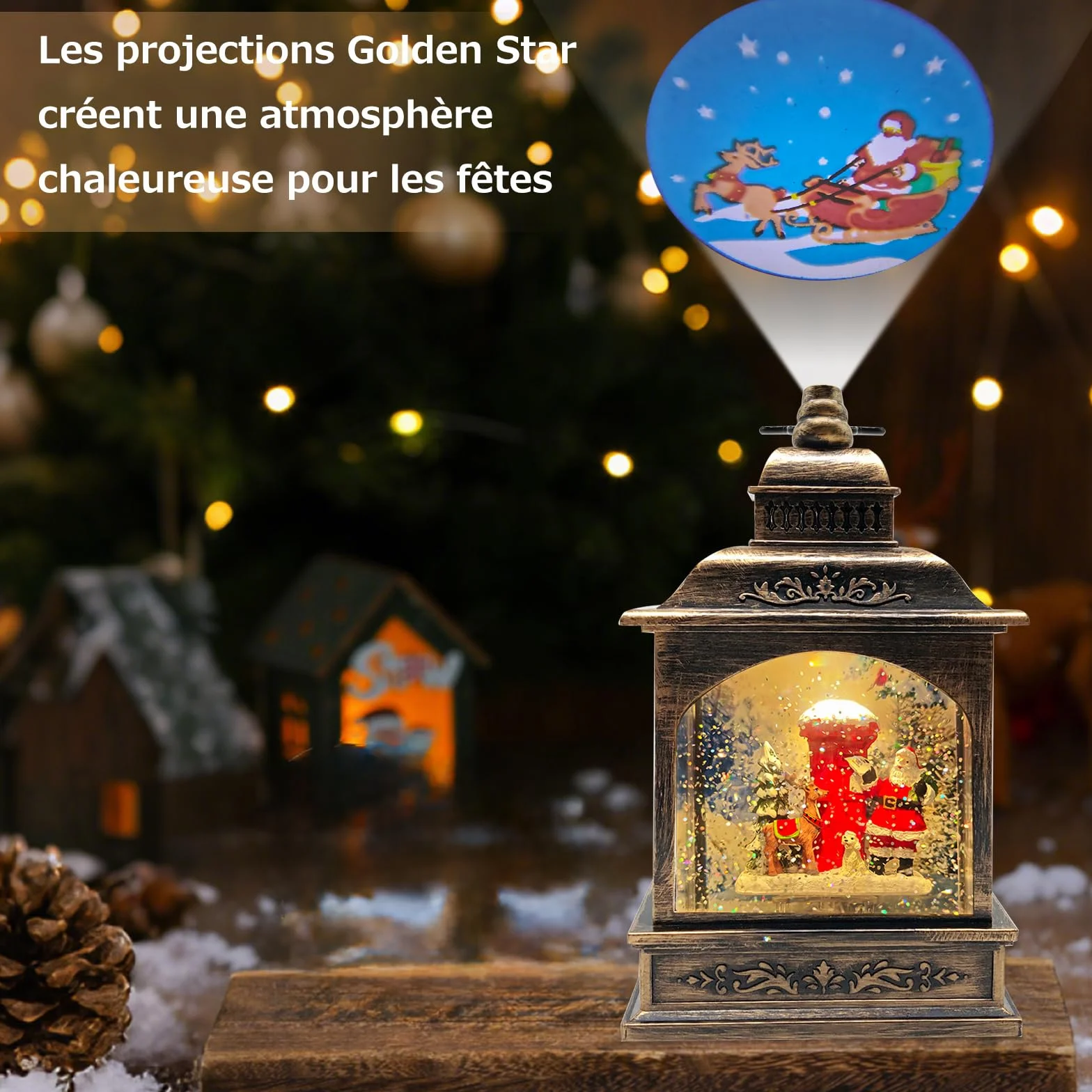 Lanterne Boule à Neige de Noël, illuminée et Musicale avec minuterie, Lanterne rotative du Père avec Projection, décoration de Scintillante, Cadeau (Père Noël + boîte aux Lettres)