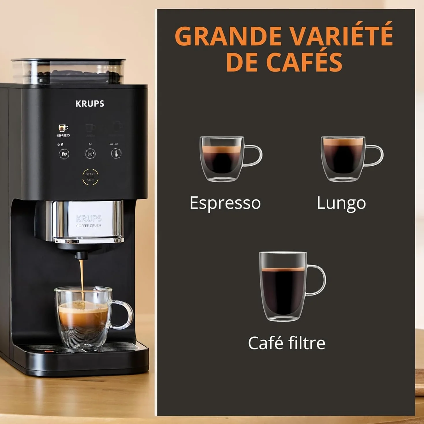 KRUPS Coffee Crush Extra, Machine à café à grains, ultra compacte, nettoyage facile, noir, SA4028E0