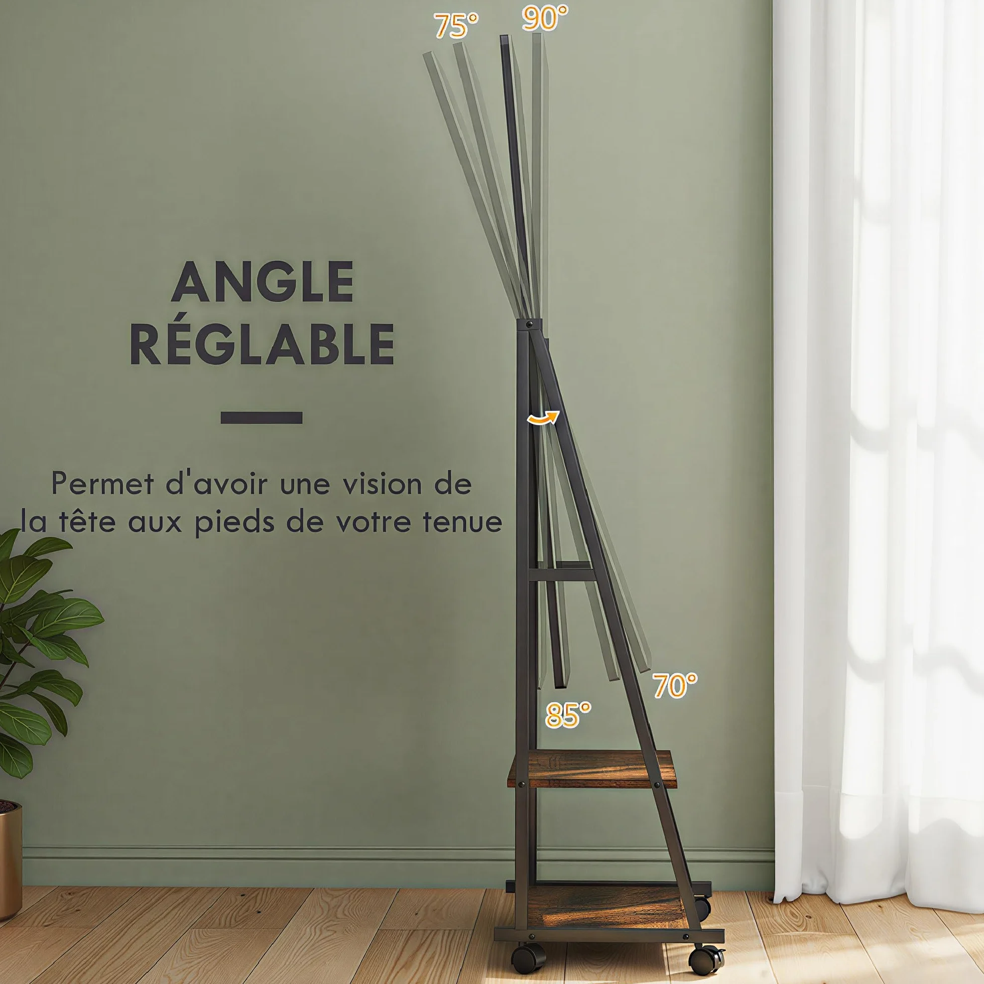 HOMCOM Miroir sur Pied rectangulaire avec Angle Ajustable, Miroir de Sol sur roulettes, 2 étagères, 4 Roues, 42x37x155 cm, Noir et Brun Rustique