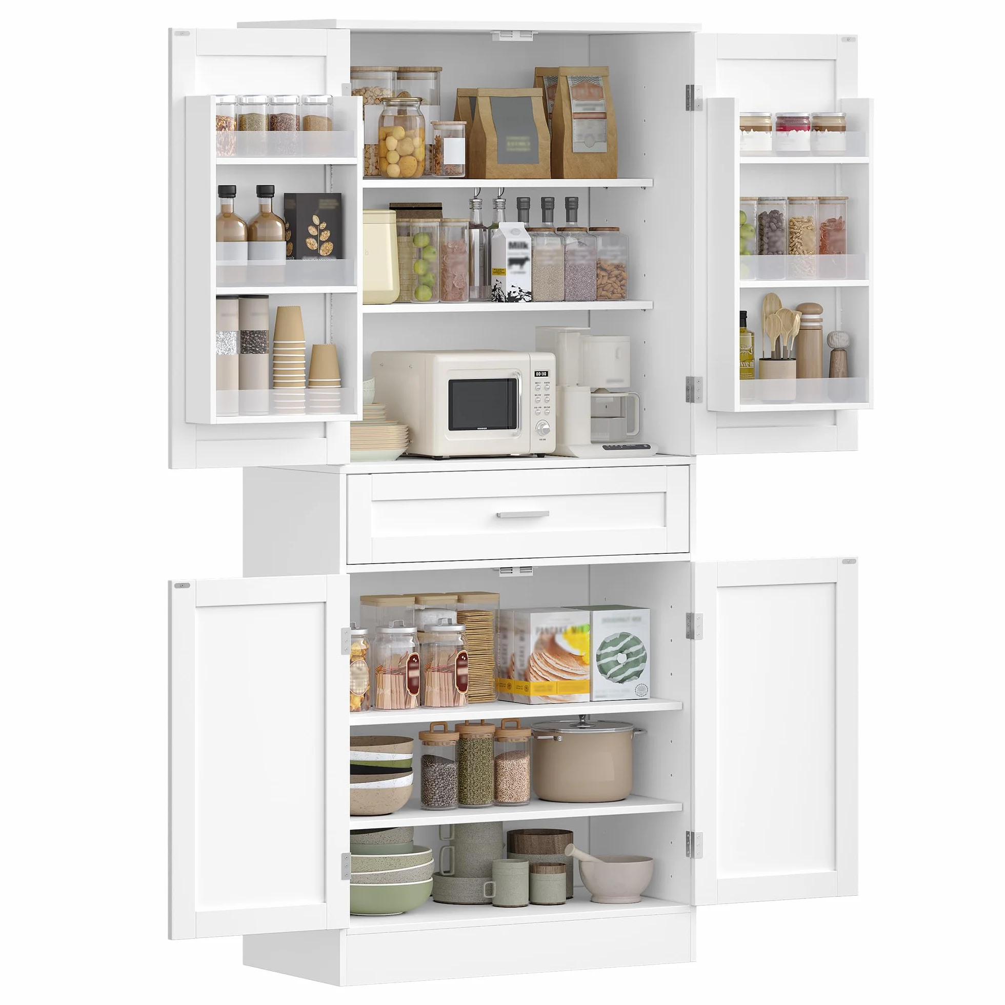 Hzuaneri Meuble Cuisine, Buffe Haute avec Porte-étagère 6 Niveaux, Meuble de Rangement avec 4 Portes et 1 Grand Tiroir, Style Moderne, Cuisine, Salon, 40 x 80 x 180 cm, Blanc PT21003X