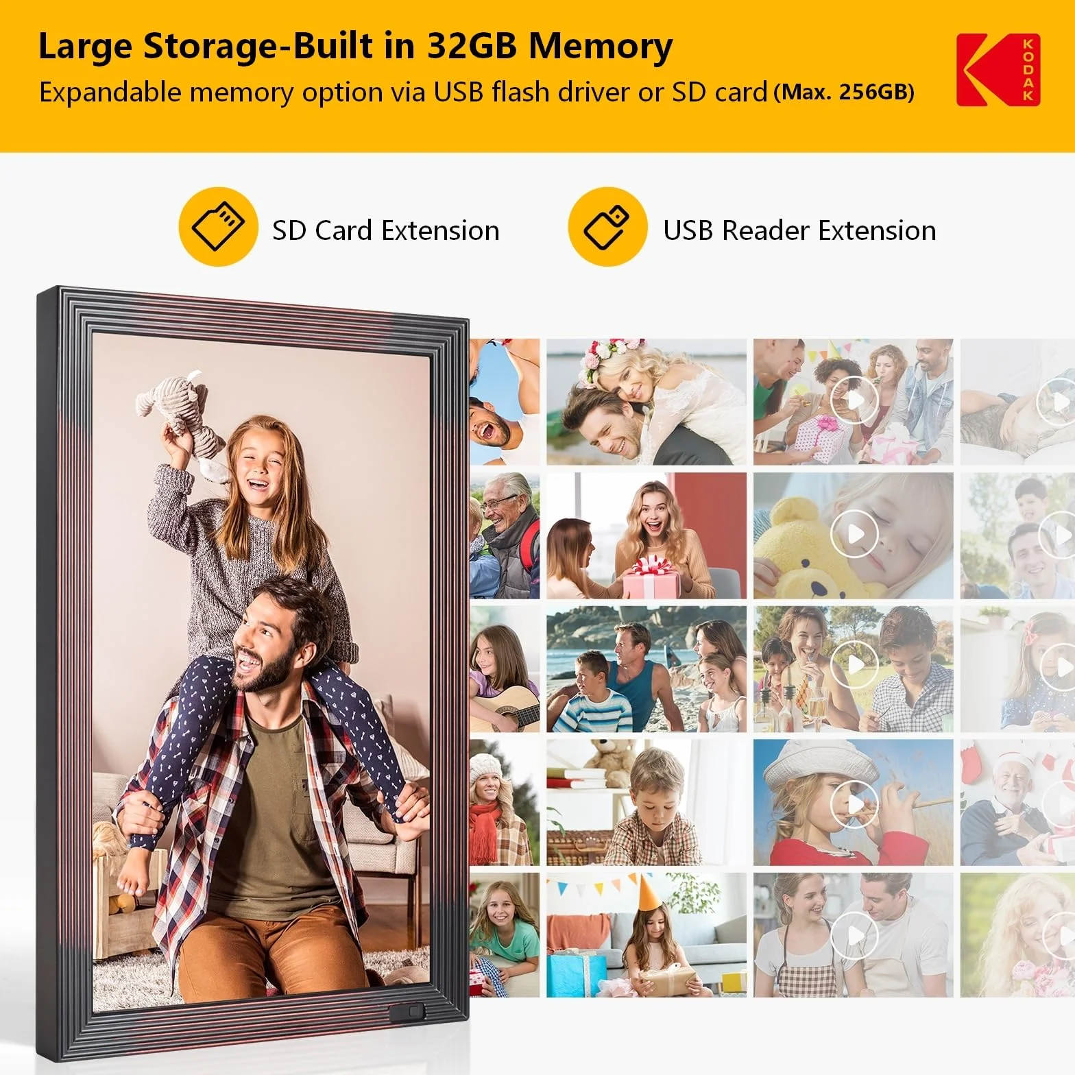 KODAK 21,5 cala Cyfrowa ramka na zdjęcia, duża ramka elektroniczna z Wi-Fi i pamięcią 32 GB, ramka cyfrowa FHD, udostępnianie zdjęć i filmów przez aplikację, pilot zdalnego sterowania, czujnik ruchu