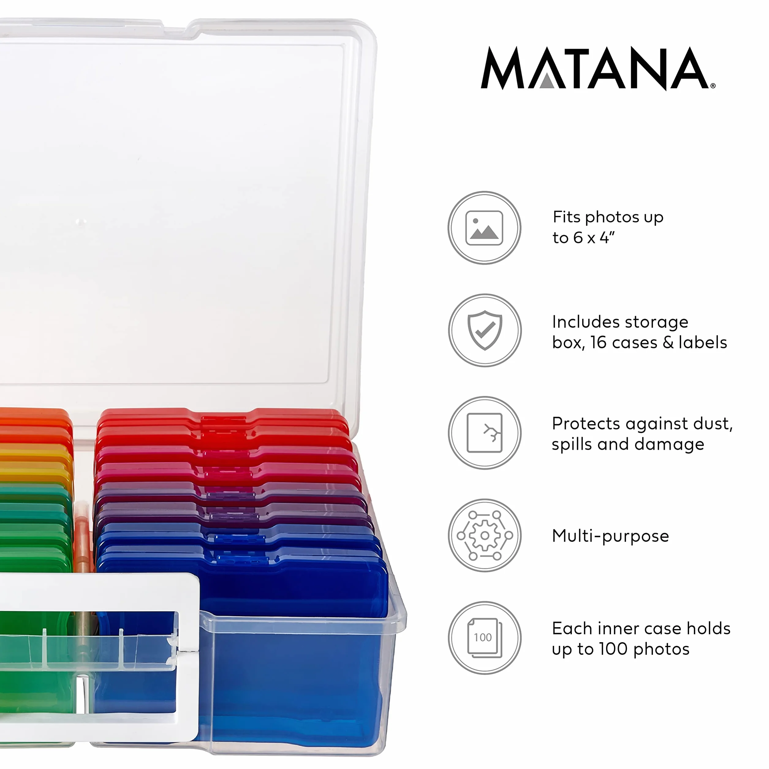MATANA Grande Boîte de Rangement & Organisateur de Photos avec Étiquettes pour 1600 Photos 4R, Travaux Manuels, Autocollants, Timbres & d'autres Petits Objets - Multifonctionnel & Pratique