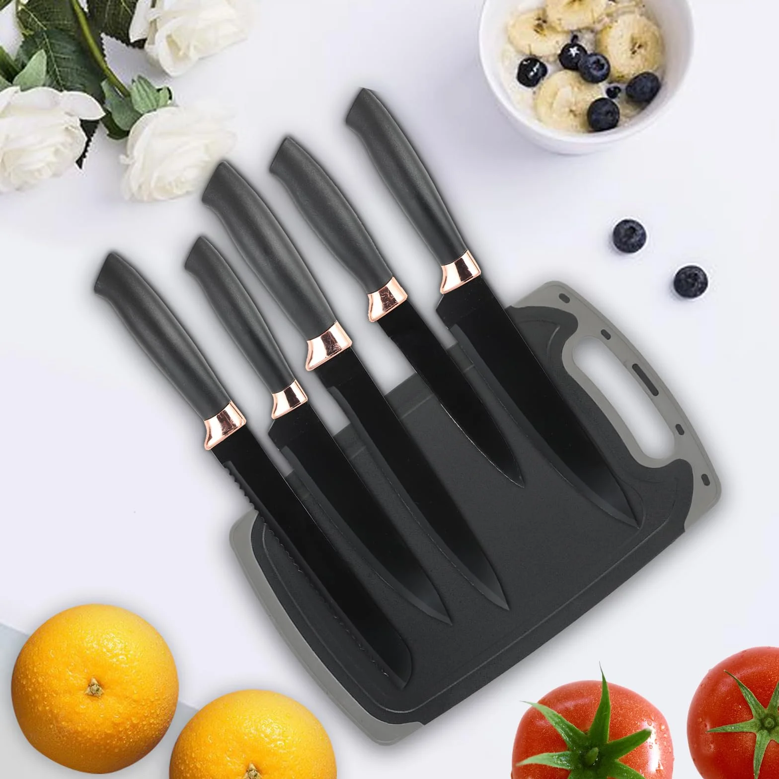 Lot de 19 couteaux de cuisine en silicone avec 12 ustensiles de cuisine, 5 couteaux, planche à découper et support, passe au lave-vaisselle