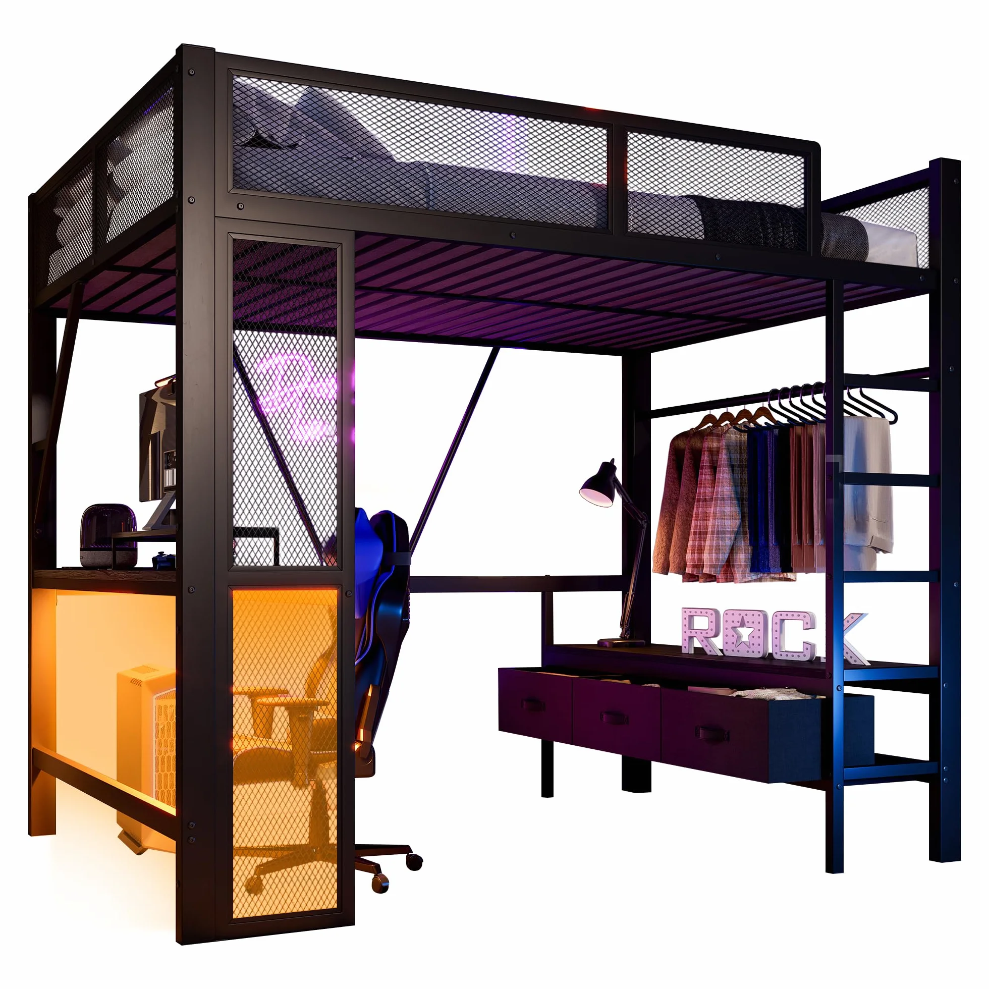 Sapgaks Lit Mezzanine 2 Places 140x200 avec LED et USB, Lit Enfant en Métal avec Bureau et Armoire Ouverte, Lit Mezzanine Enfant avec 3 Tiroirs à Linge, Lit 140x200 avec Rambarde, Noir