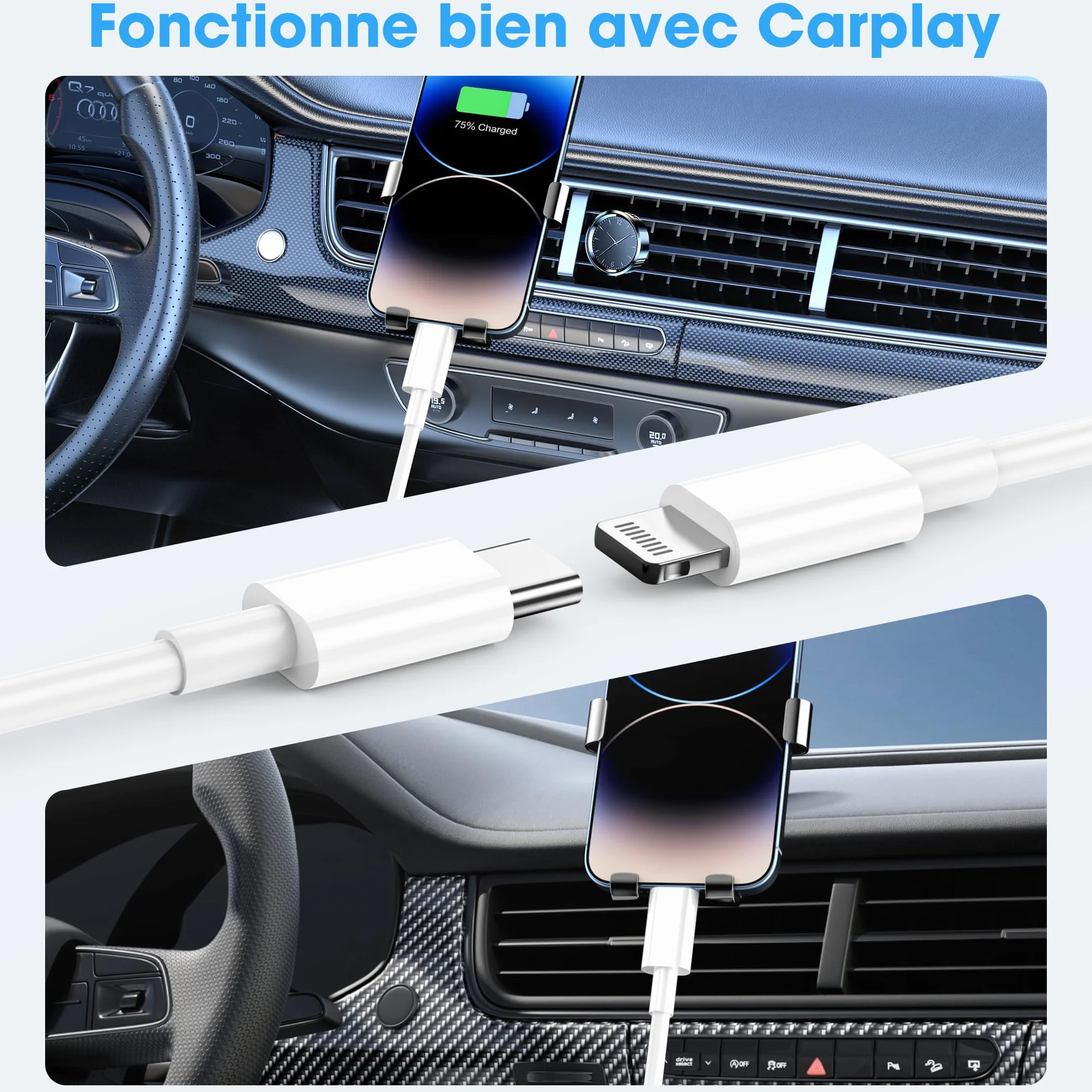 Câble iPhone USB C vers Lightning 1M+2M MFi Certifié Chargeur Rapide pour Apple iPhone 14 13 12 11 Pro Max Pro Plus XS XR X 8 7 SE iPad Blanc