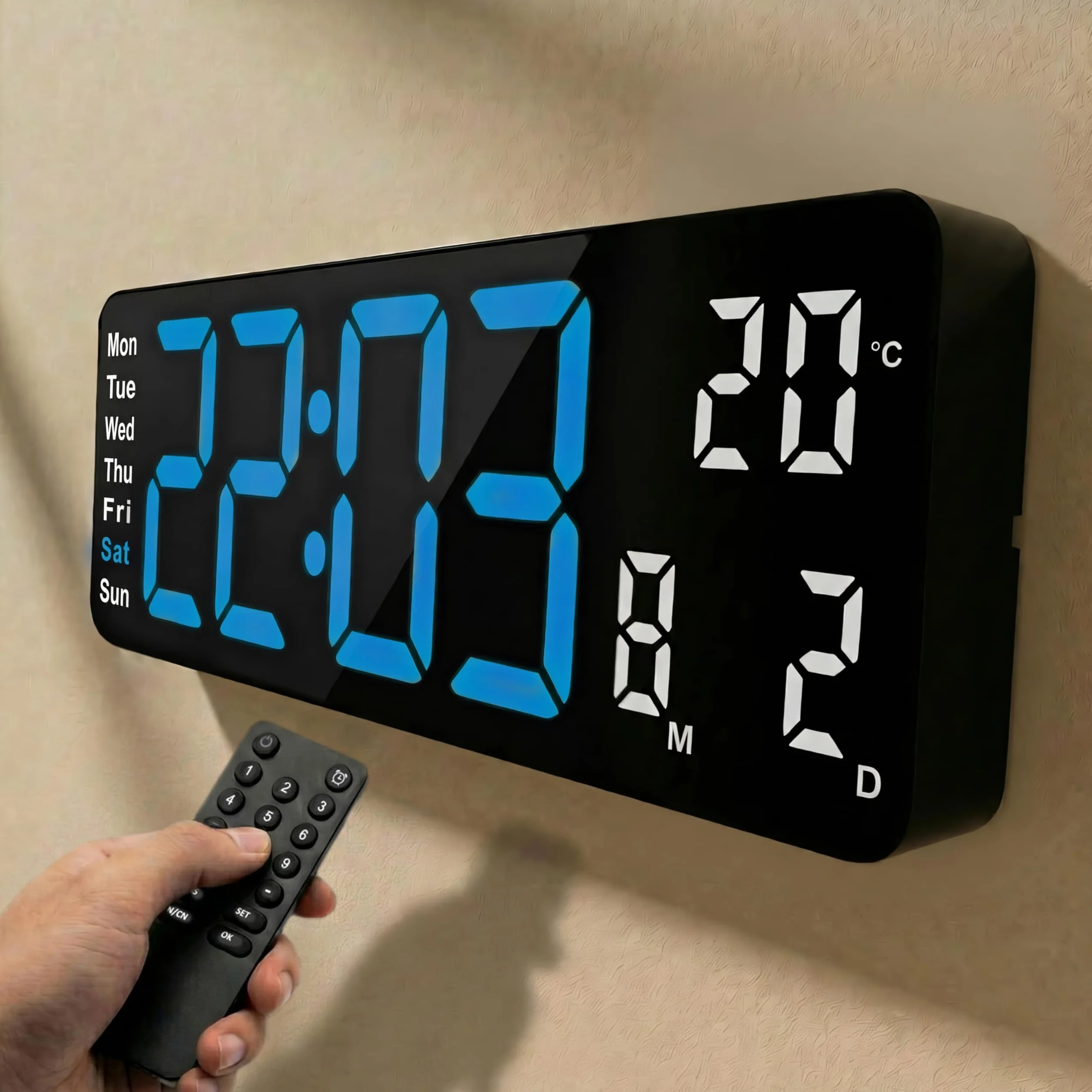 Horloge Numérique Murale Grand Affichage Chiffres LED Lisibles Silencieuse Bleu/Blanc