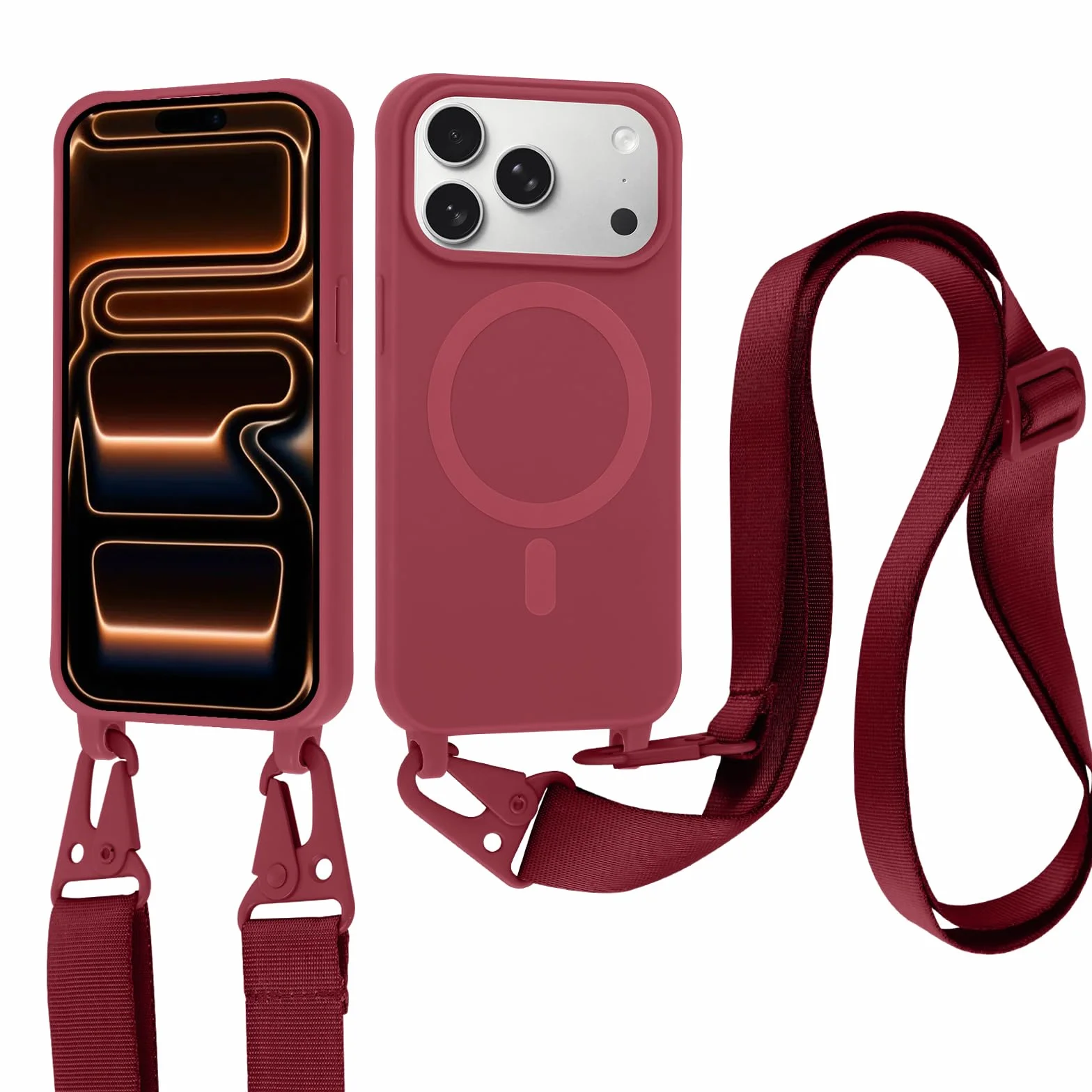 Magnetyczne etui na iPhone'a 17 Pro ze smyczą, miękkie silikonowe etui antywstrząsowe z regulowanym paskiem na szyję naszyjnik łańcuszek na szyję sznurek do iPhone'a 17 Pro 6.3", czerwony