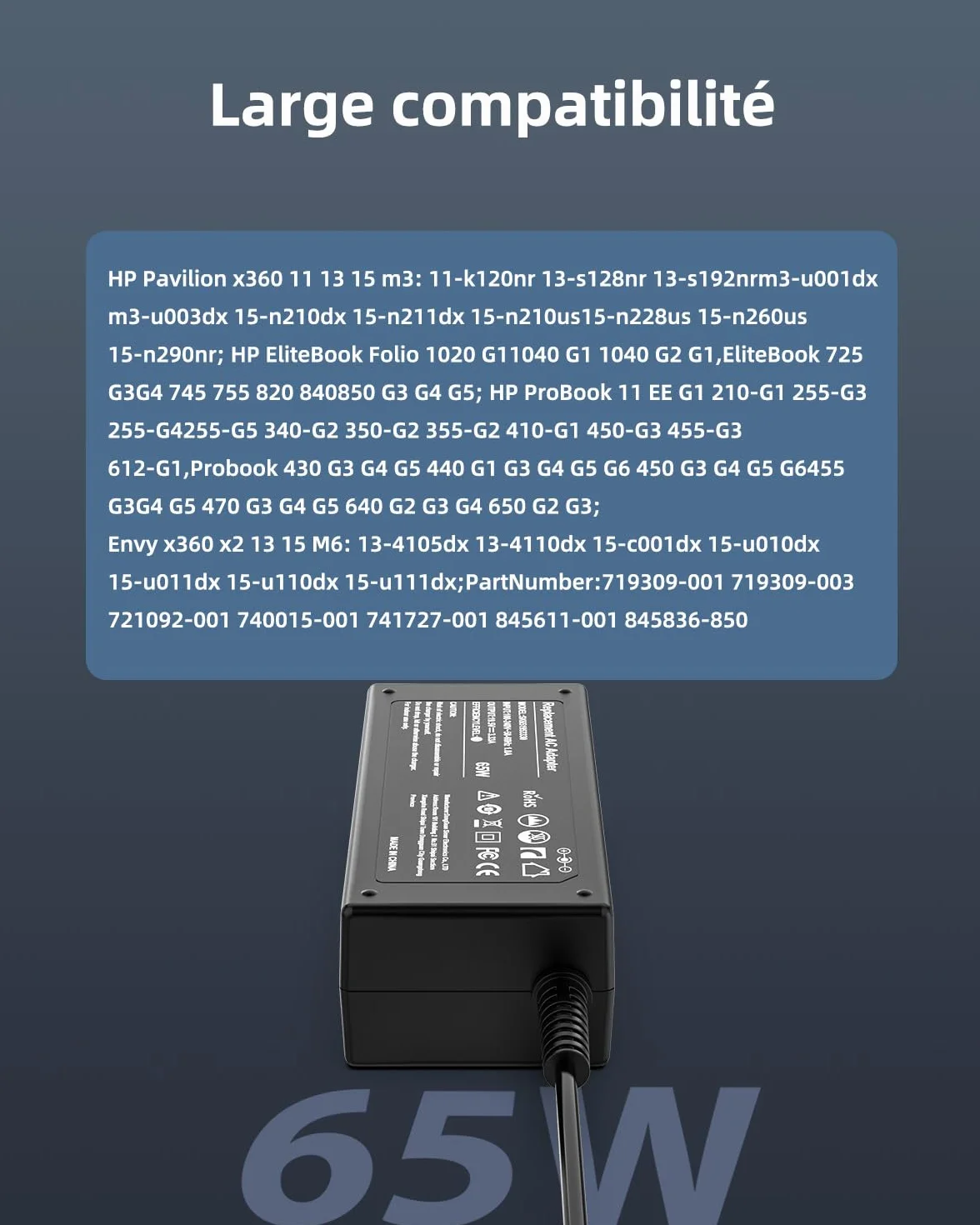 Chargeur HP 65W Ordinateur Portable pour Pavilion x360, Elitebook, Probook, Envy, Stream, HP 250 255 G5 G6 G7