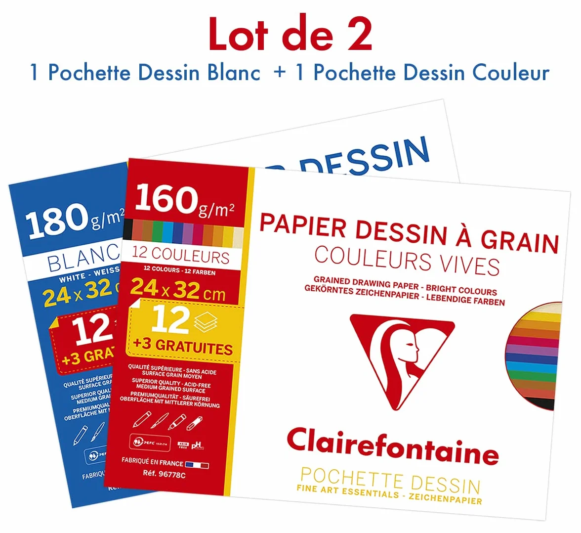 Clairefontaine Lot de 2 Pochette Dessin Scolaire 15 Feuilles Papier Dessin Couleurs Vives 160g Blanc 180g 24x32 cm