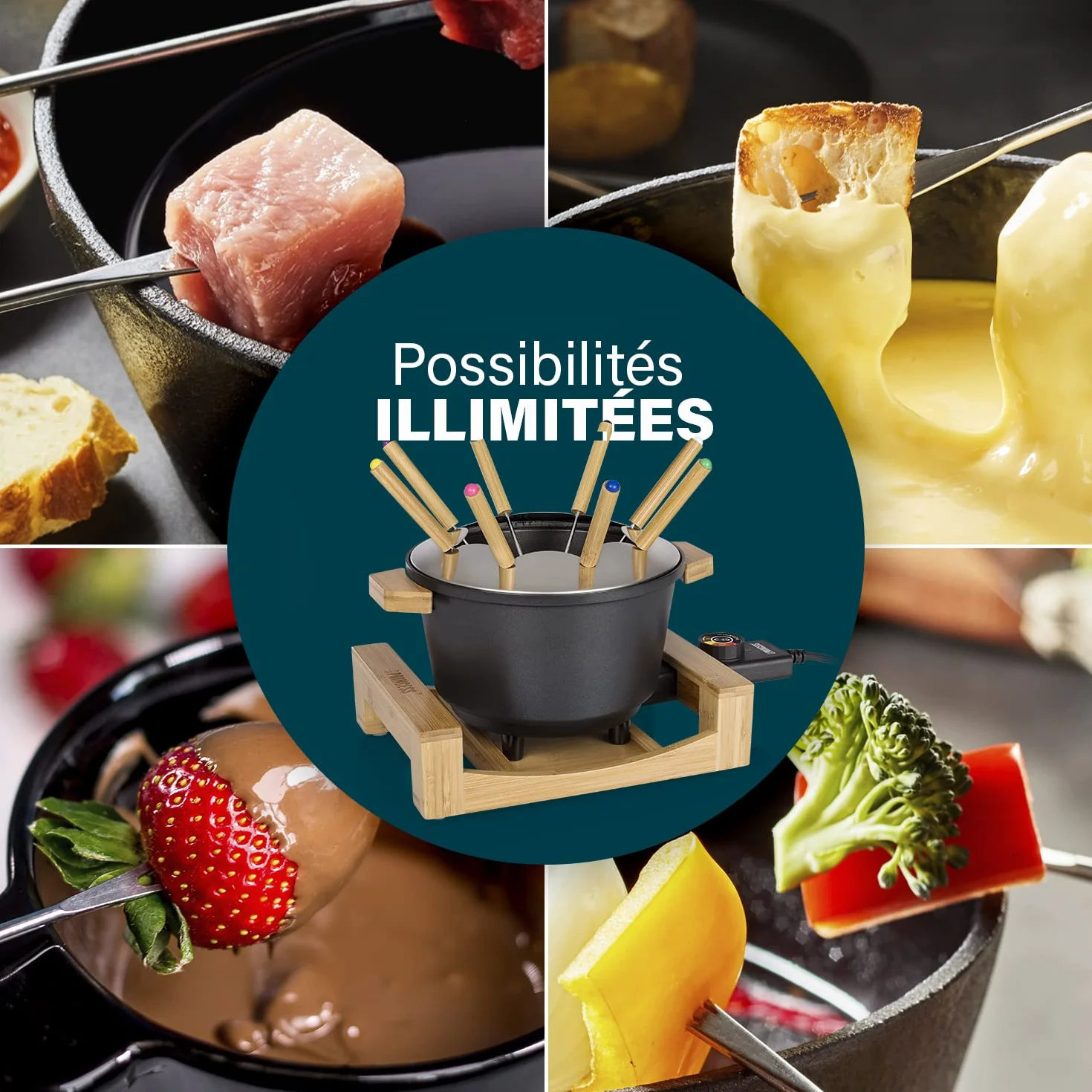 Princess Service à fondue 1,5 L pour 8 personnes – Design en bambou, caquelon antiadhésif, thermostat réglable, 8 fourchettes incluses, polyvalent, facile à nettoyer