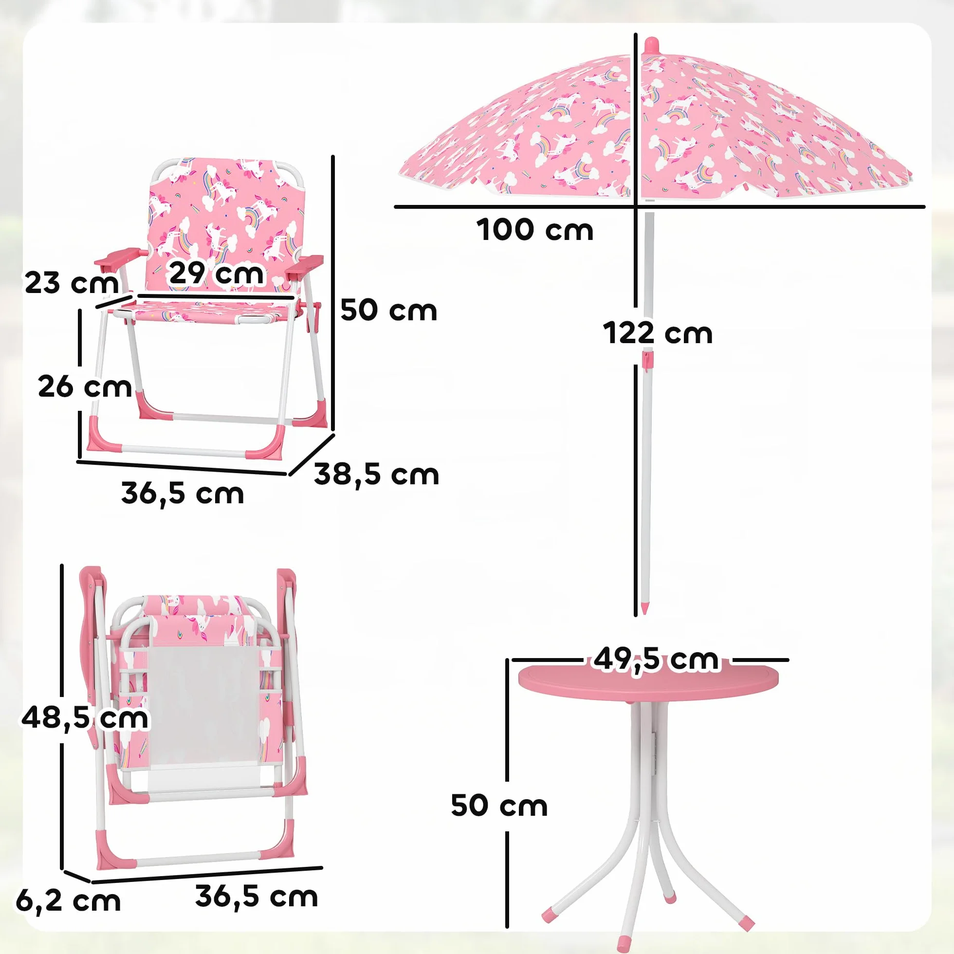 AIYAPLAY Ensemble Salon de Jardin Enfant Table avec Chaise 4 Pièces Motif Éléphant Girafe Parasol Réglable Ø 100 cm Pliable Rose