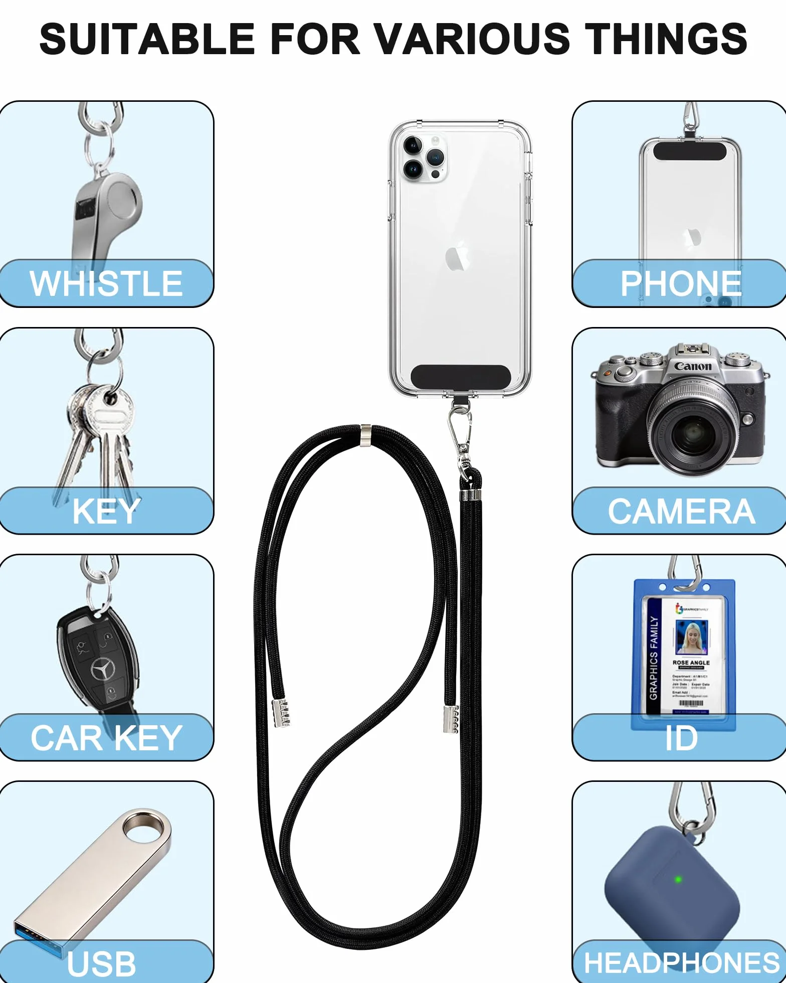 Uniwersalna Smycz do Telefonu 2 Sztuki, Regulowany Sznurek na Szyję (30-78 cm) i 2 Opaski na Nadgarstek, Zestaw z 2 Patchami, dla Wszystkich Smartfonów na Sport i Podróż (Czarny, Szary)