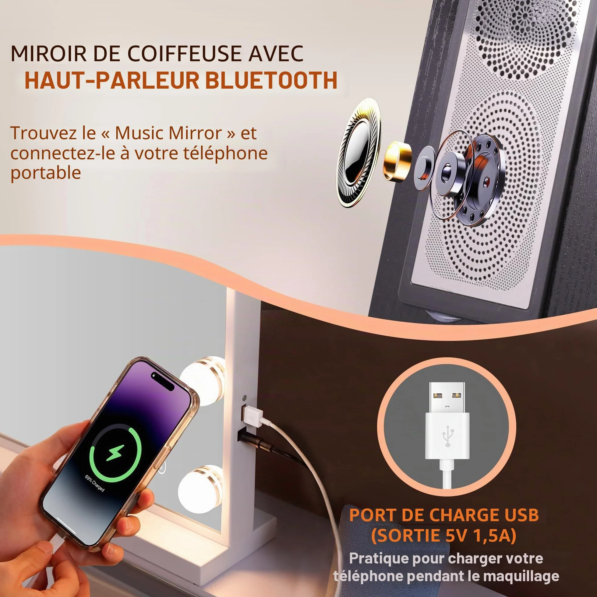FENCHILIN Miroir Hollywood Bluetooth avec éclairage 18 Ampoules LED dimmable Grand Miroir de Maquillage avec éclairage Hollywood Miroir de Maquillage avec lumière Miroir grossissant 10x et USB