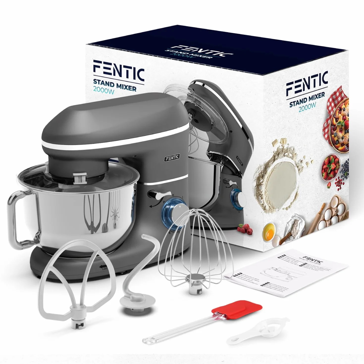 Robot Pâtissier – 2000W – Bol mélangeur en acier inoxydable (6,2L) – Avec fouet, Crochet pétrisseur et Batteur plat – Incl. et accessoires supplémentaires (Anthracite)