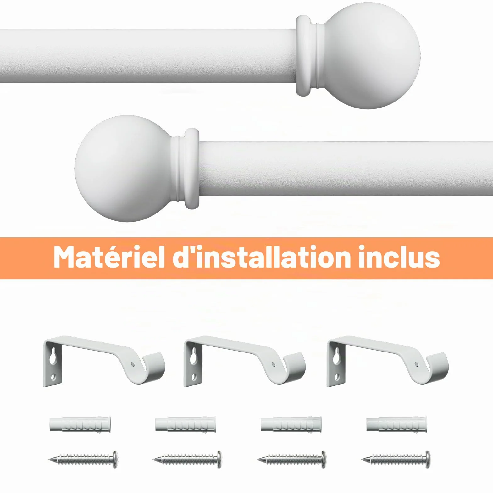 Tringle à Rideau Extensible 80-120 cm 16mm avec Embouts à Boule (Blanc)