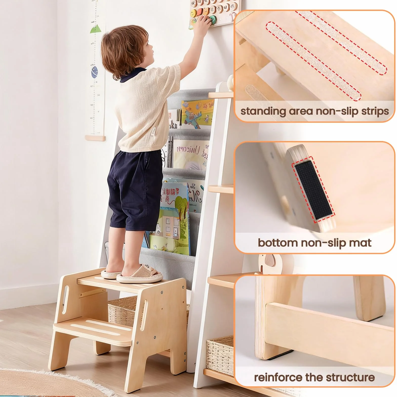 Marche Pied Bois, Escabeau Enfant 2 Marches, Marchepied Pour Enfant, AntidéRapant, En Bois, Avec PoignéE, Charge Maximale 120kg, Pour Salle De Bain, Chambre à Coucher, Lavabo, Cuisine,Chambre D'Enfant