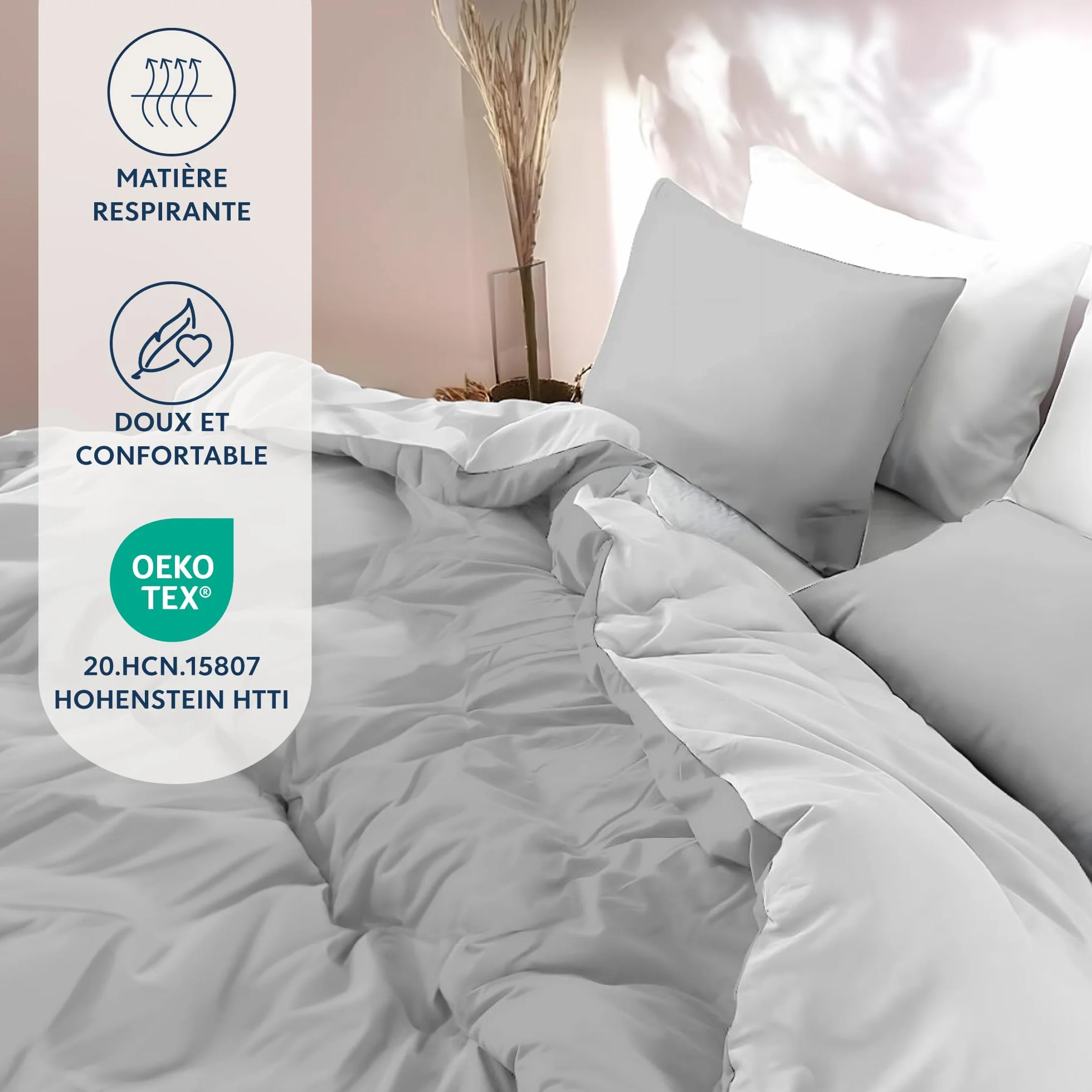 Dreamzie Housse de Couette 240x220 cm avec 2 Taies Oreillers 65x65 cm Gris Clair Blanc 100% Microfibre 3 Pièces Certifié Oeko TEX