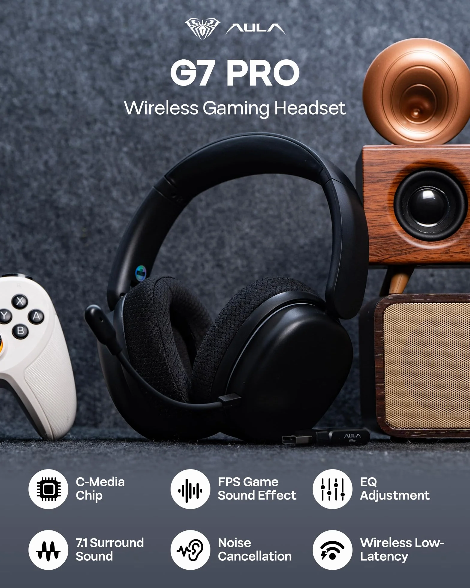 EPOMAKER X Aula G7 Pro bezprzewodowy zestaw słuchawkowy do gier, podwójny tryb BT5.3 i 2,4 GHz, dźwięk przestrzenny 7,1, bateria 80 godzin, światło RGB, z mikrofonem z redukcją szumów do PS5, PS4