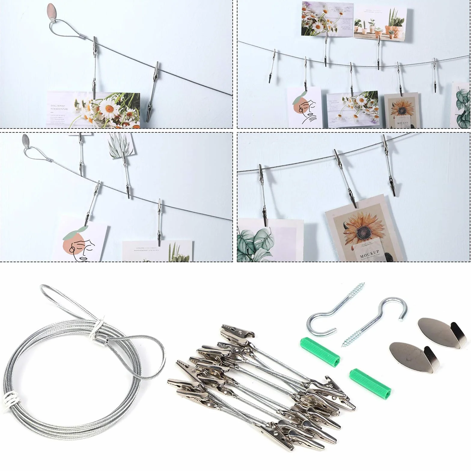 Clip Photo Fil Métallique 12 Pièces Pince Crocodile 160 cm x 2 mm Câble Acier de Suspension Réglable