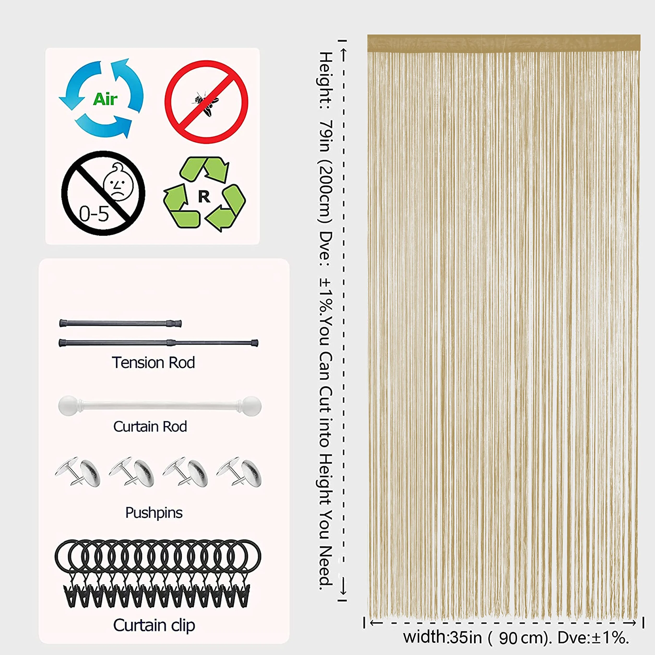 Rideau Simple pour fenêtre 90x200cm Écru Profond String Porte