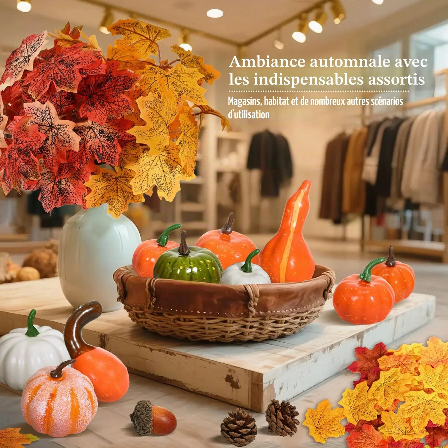 Lot de Mini Citrouille Deco Automne, Feuilles d'Érable, Pommes de Pin, Glands, Fausse Feuille pour Halloween Thanksgiving