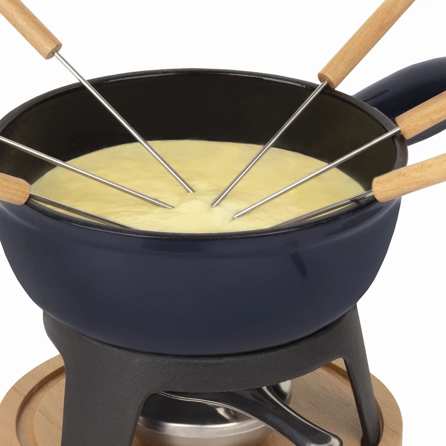 Service à Fondue Savoyarde en Fonte 6 Personnes MONT JOUX, Fondues fromage et chocolat, 6 Fourchettes avec manches en bois de hêtre, Socle en bois naturel, Capacité 1,8L