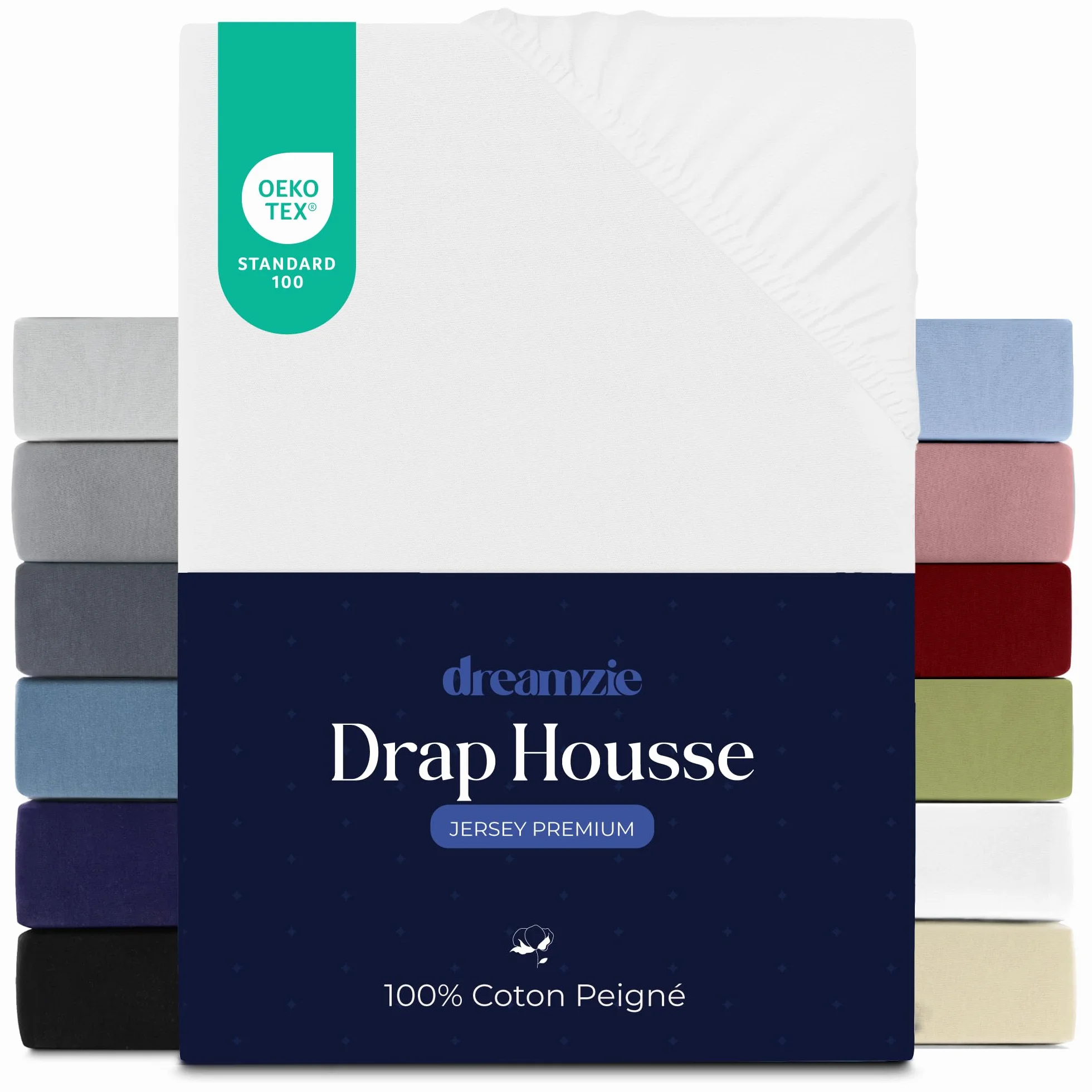 Dreamzie Housse de Matelas 160x200 cm Jersey Coton Premium Oeko-Tex Blanc