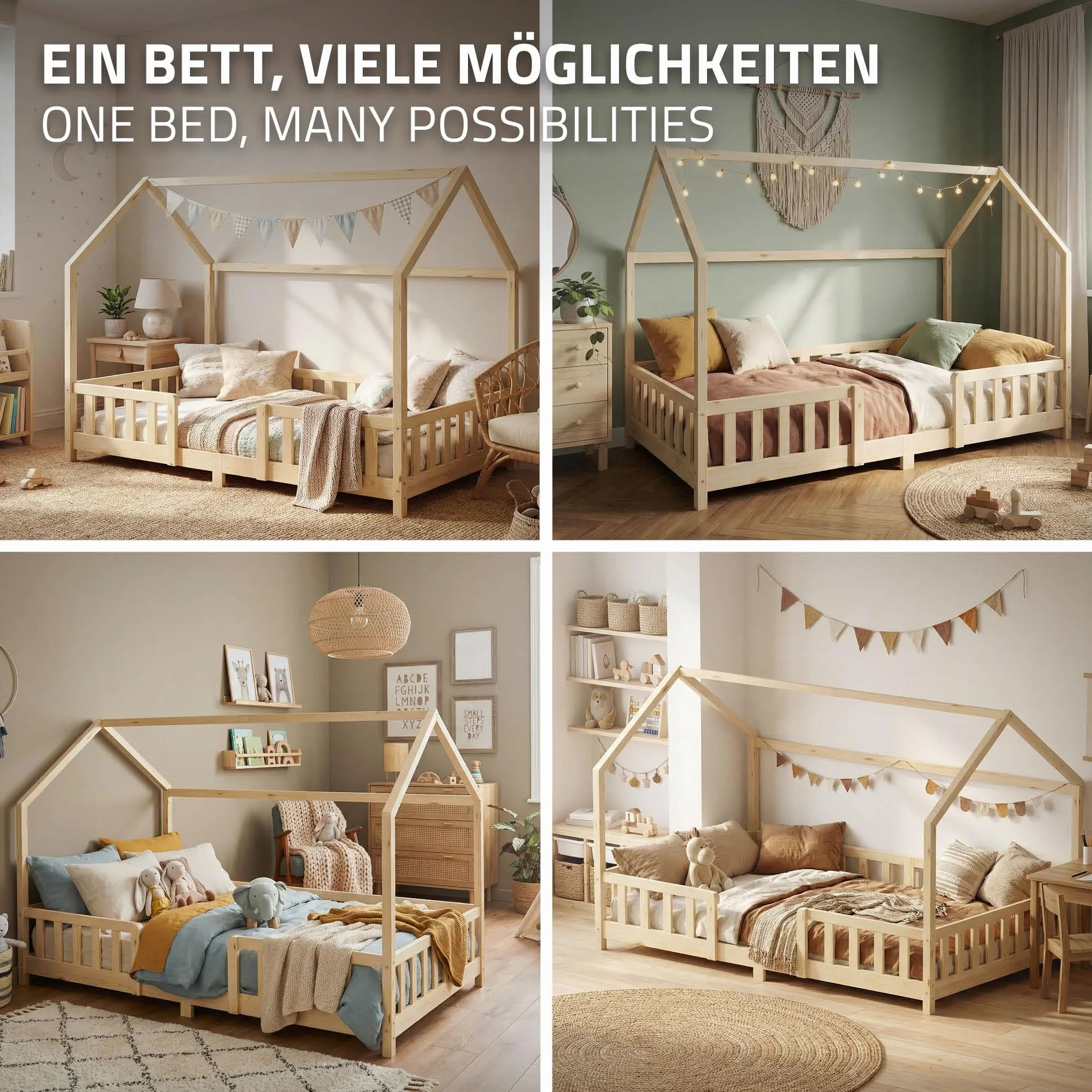 ML-Design Lit Cabane Enfant 120x200 cm Naturel (Beige) en Bois avec Protection Étendue Anti-Chute, Toit et Sommier à Lattes, Style Maison, Couchage Maisonnette Lit Double pour Adolescent Fille Garçon
