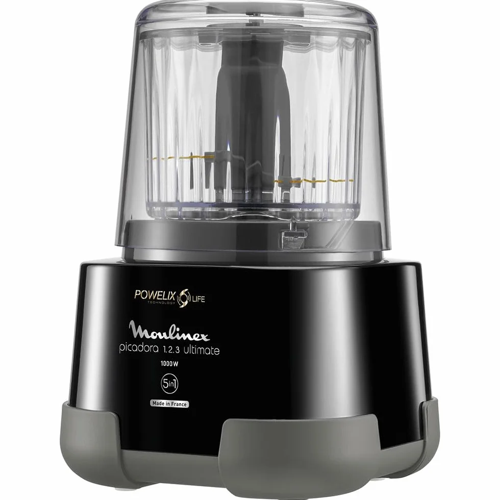 Moulinex 1,2,3 DP8108 - Hachoir électrique 1000 W, 2 lames Powerlife, capacité de jusqu'à 350 g/550 ml, couvercle hermétique, système de protection contre la surchauffe, compact, noir