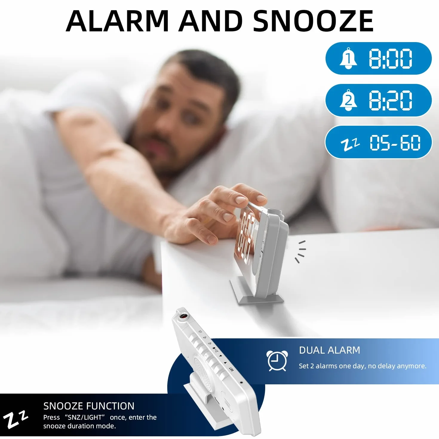 Réveil Projection Plafond Mur Alarme Double Snooze 12/24 H Charge USB Affichage LED Miroir 4 Niveaux Lumière Intensité Variable Blanc