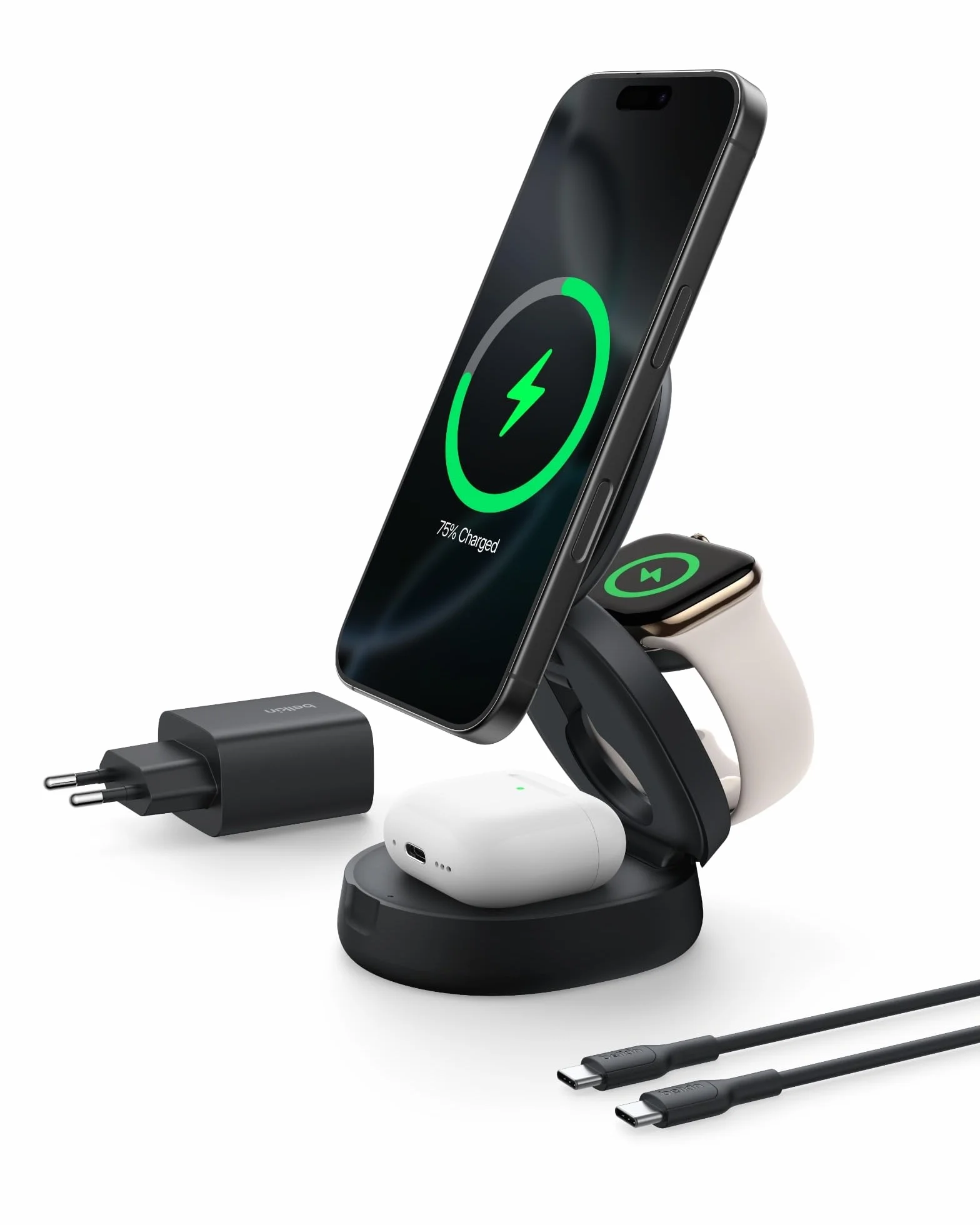 Belkin ładowarka zgodna z MagSafe, rozkładana ładowarka bezprzewodowa 3 w 1 o mocy 15 W z zasilaczem 36 W, antypoślizgowa podstawa, certyfikat Qi2, do urządzeń iPhone 16, Apple Watch, AirPods – czarna