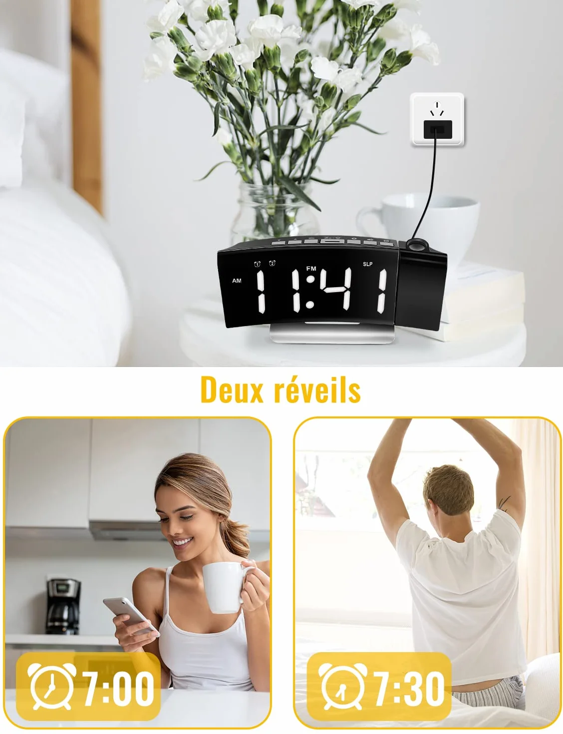 Radio Réveil Projecteur Plafond 4 Luminosité Écran 3 Projection Réglable Double Alarme Snooze Réveil Numérique Chambre