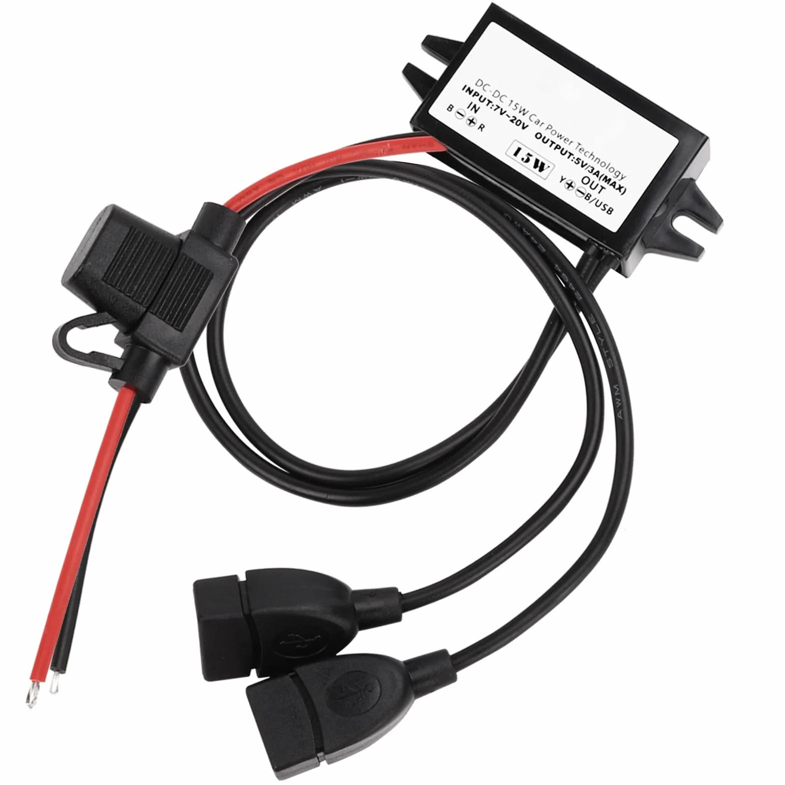 Adapter USB 12V na USB,12V na 5V moduł konwertera DC Buck 3A 15W DC na DC adapter samochodowy z bezpiecznikiem (DualUSB)