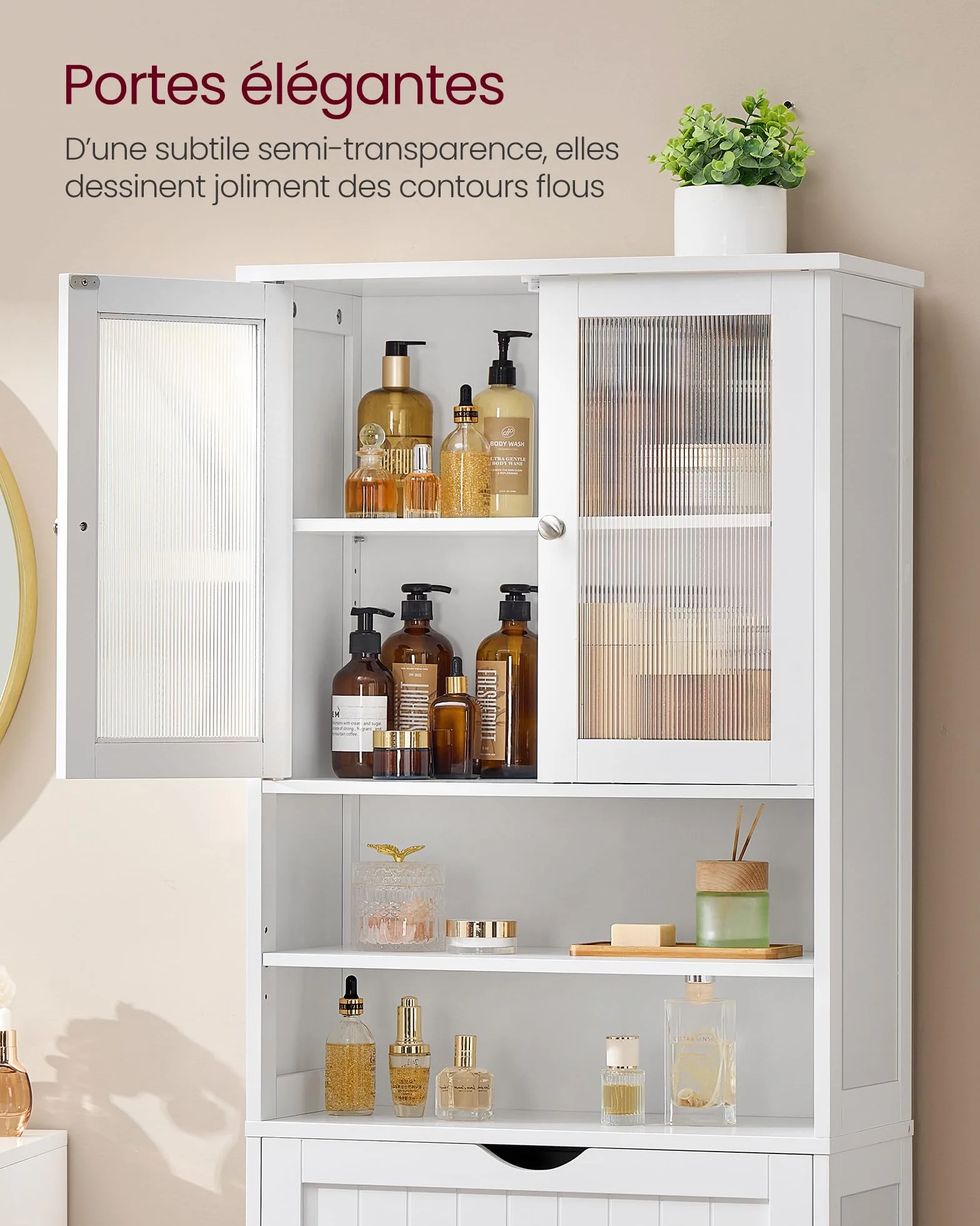 VASAGLE Meuble de Rangement, Armoire de Salle de Bain, avec Étagères Réglables, Tiroir, Compartiments Ouverts, pour Salle de Bain, Salon, Salle à Manger, Blanc Nuage BBC768W01