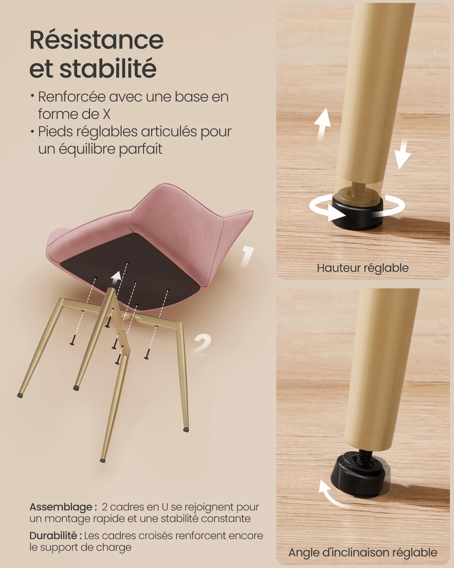 SONGMICS Chaise Salle à Manger, Chaise de Cuisine, Fauteuil en Velours, Rembourrée, avec Accoudoirs, Charge Max. 120 kg, Pieds en Métal, pour Salle à Manger, Rose Bonbon et Doré Clair LDC087R01