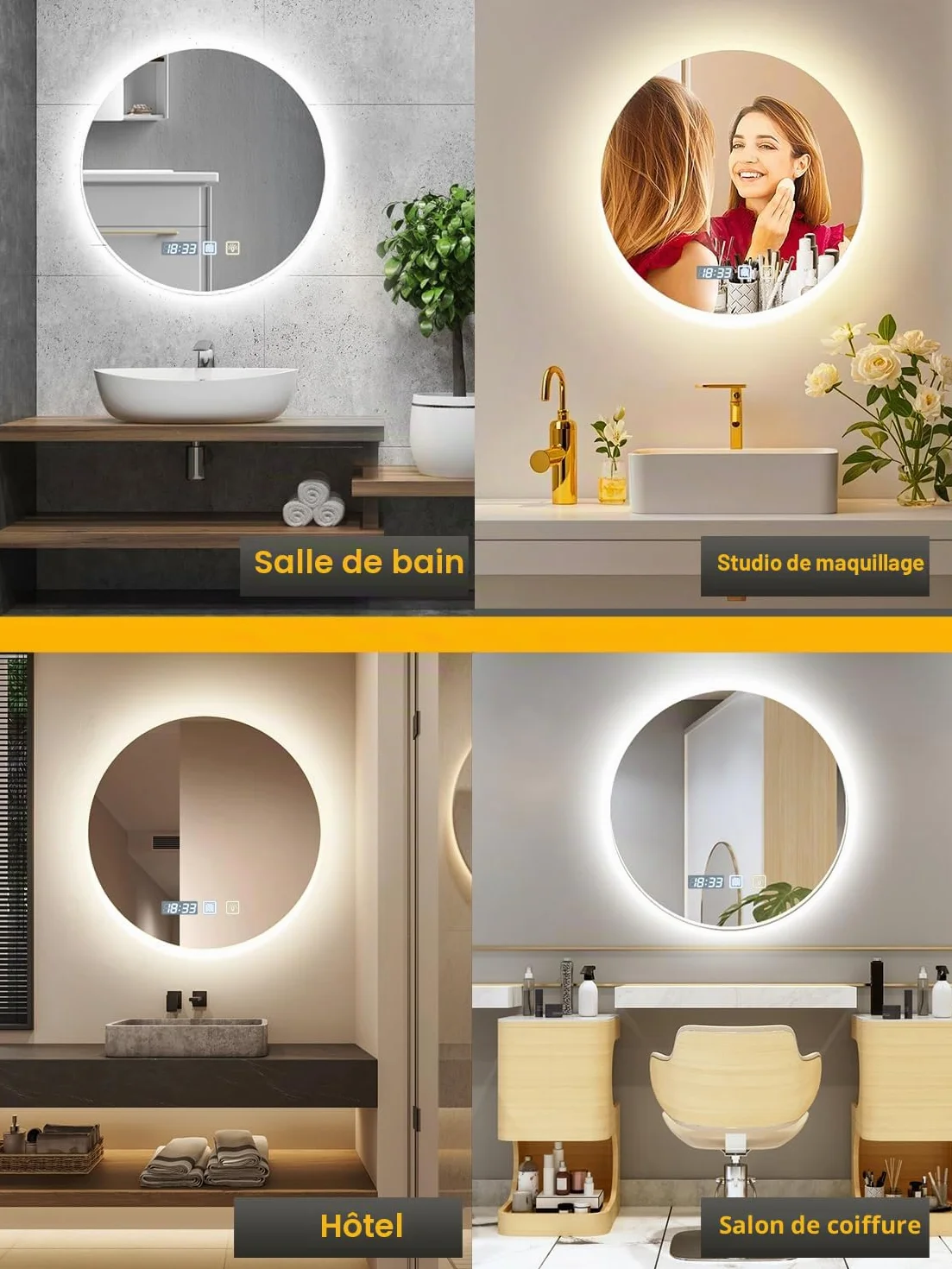 Miroir de salle de bain rond à LED, 60 x 60 cm, mural, antibuée, lumière variable en 3 couleurs, miroir antibuée avec lumières rétroéclairées, pour salle de bain