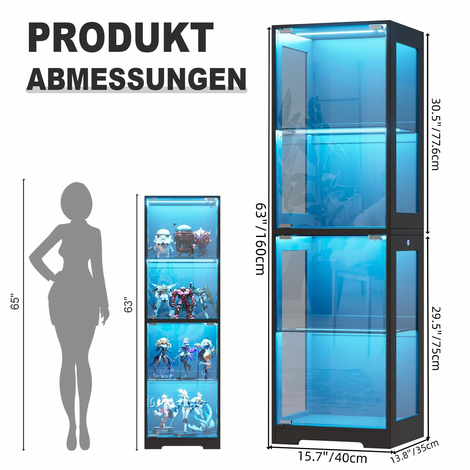 Vitrine en Verre avec LED, Vitrine pour Collection, 4 Couches Multifonction en Verre Debout,Armoir de Vitrine Moderne,Armoire de Salon de Collection,Jouets,Livres, 160x40x35cm