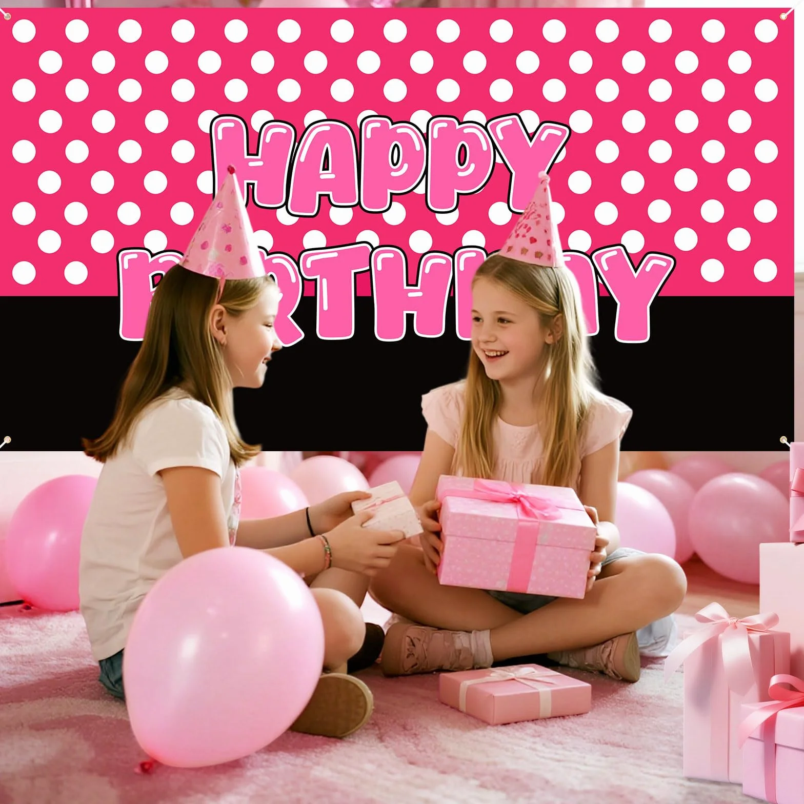 Bannière d'anniversaire Animaux Dessin Animé Noire et Rose Toile Fond Décoration Murale pour Filles