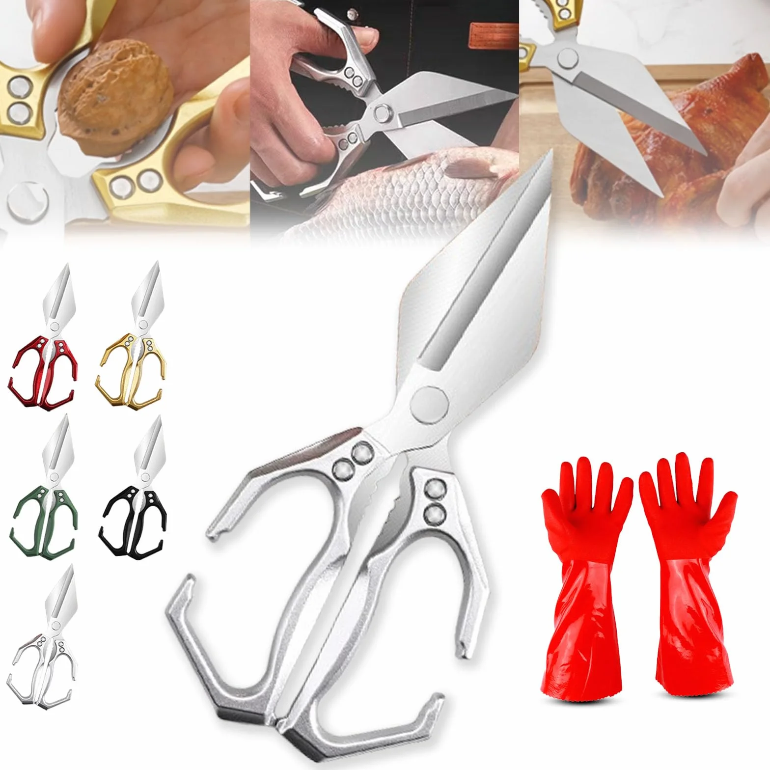 Stainless Steel Heavy-Duty Kitchen Shears, High-Carbon Steel Culinary Chopping Shear with Ergonomic Handle for Food, Chicken Bones, Turkey (Silver)
