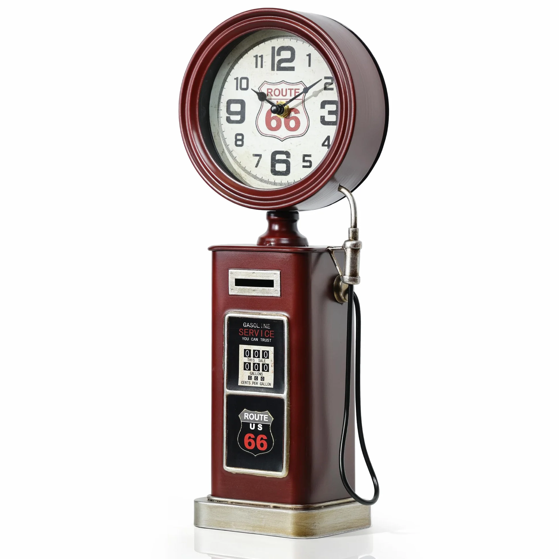 AYRELY Vintage Route 66 Horloge de cheminée à pompe à gaz avec fente pour tirelire, décoration rétro faite à la main, horloge de table à quartz silencieuse sans tic-tac pour garage, bureau ou maison
