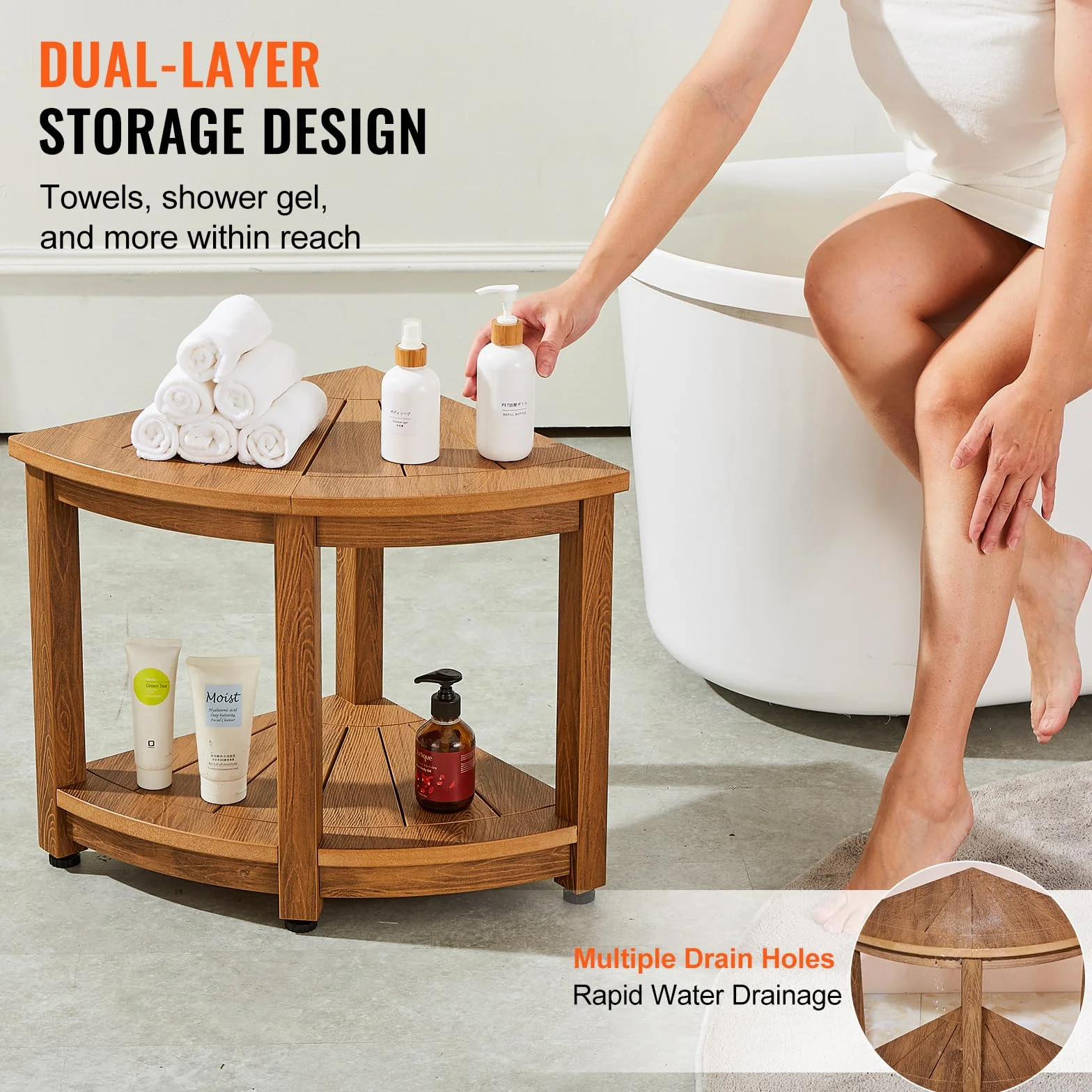 VEVOR Banc de Douche d'angle, 47,7 cm de Hauteur, 45 cm de Rayon, Tabouret de Douche Polystyrène Imitation Bois, Charge 159 kg avec Étagère de Rangement, Résistant à l'eau, pour Salle de Bain