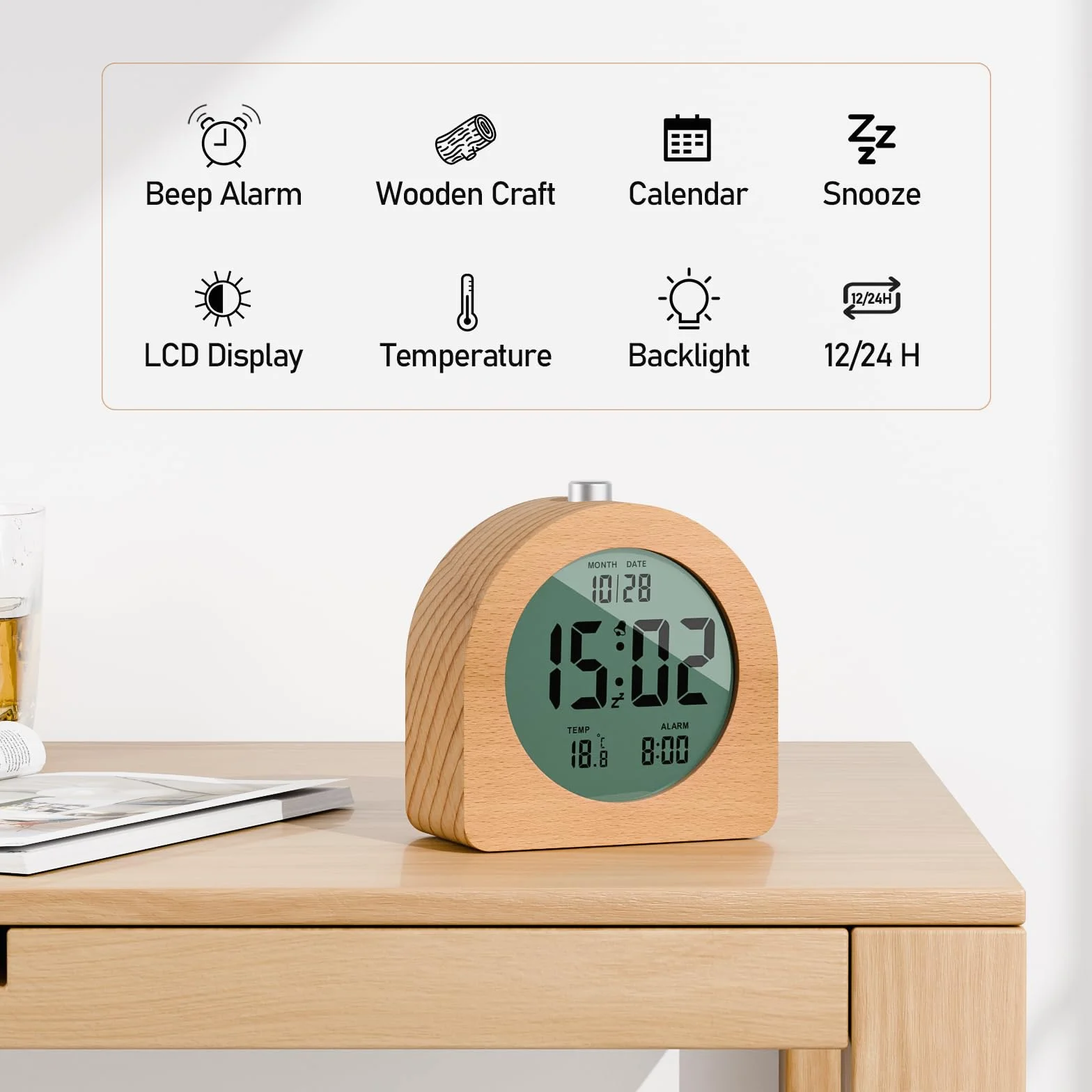 Réveil Numérique en Bois avec Écran LCD, Fonction Snooze, Affichage Date et Température, 12/24H