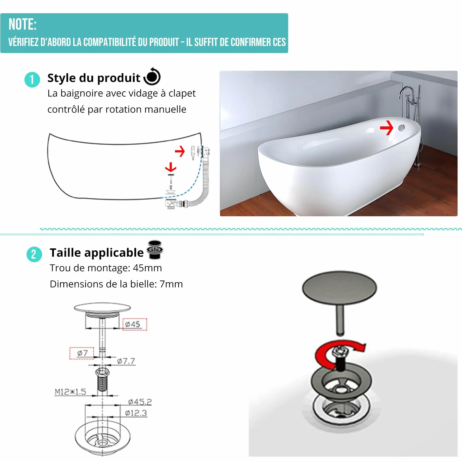 Bouchon de vidange de Baignoire chromé 70 mm réglable 4,0-7,5 cm Double Joint d'étanchéité